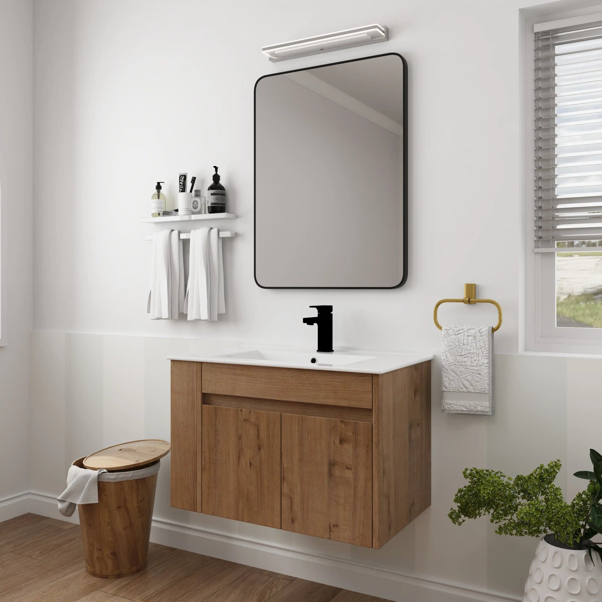 30" wall mounted vanity cabinet installed in modern bathroom setting with white sink | Ace Decor