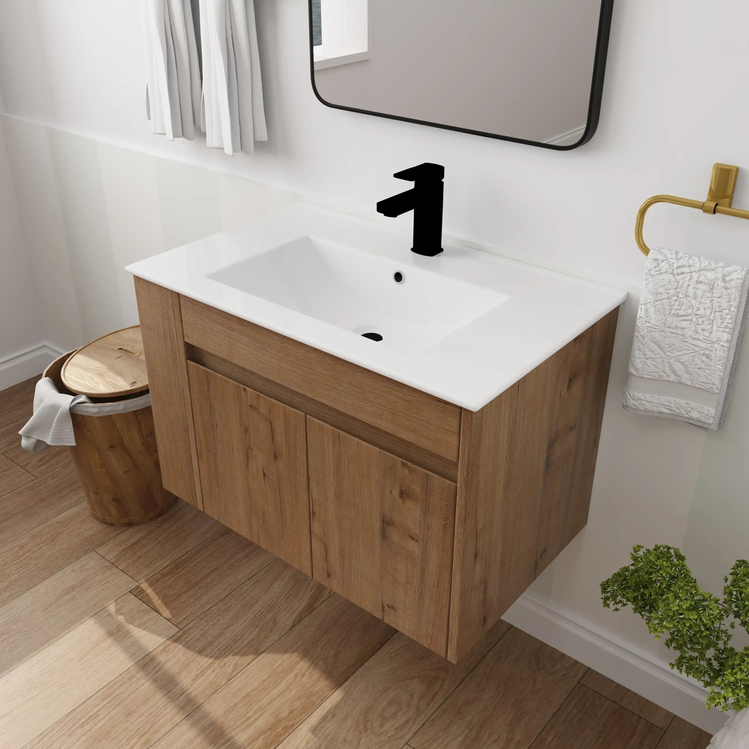 30" wall mounted vanity with white ceramic sink and oak finish in a modern bathroom.