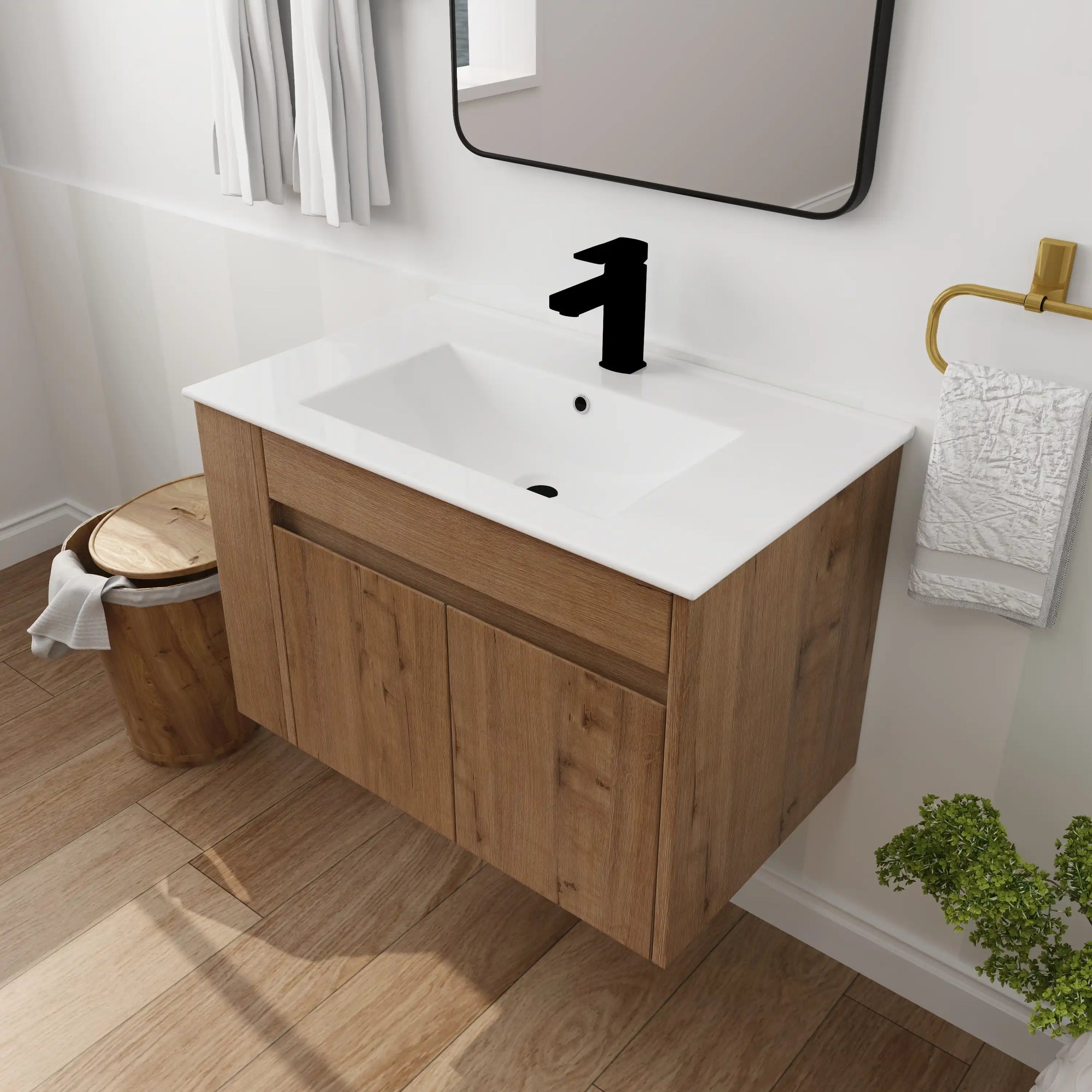 30" wall mounted vanity cabinet with white ceramic sink and oak finish | Ace Decor