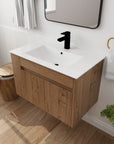 30" wall mounted vanity cabinet with white ceramic sink and oak finish | Ace Decor