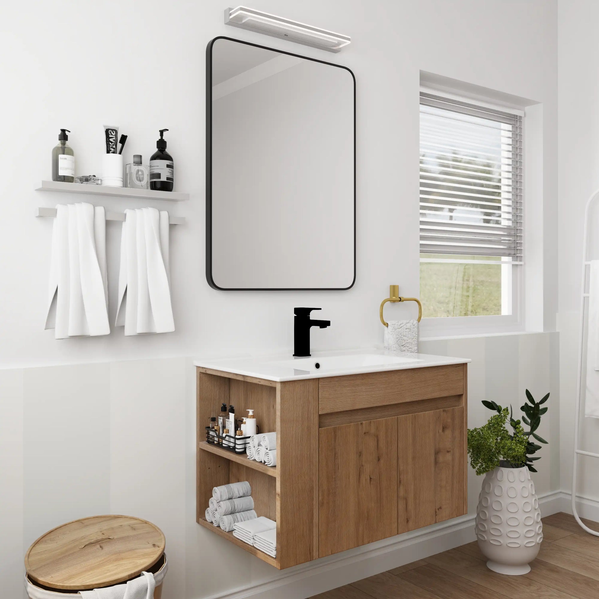 30" wall mounted vanity cabinet with open side shelving in modern bathroom setting | Ace Decor