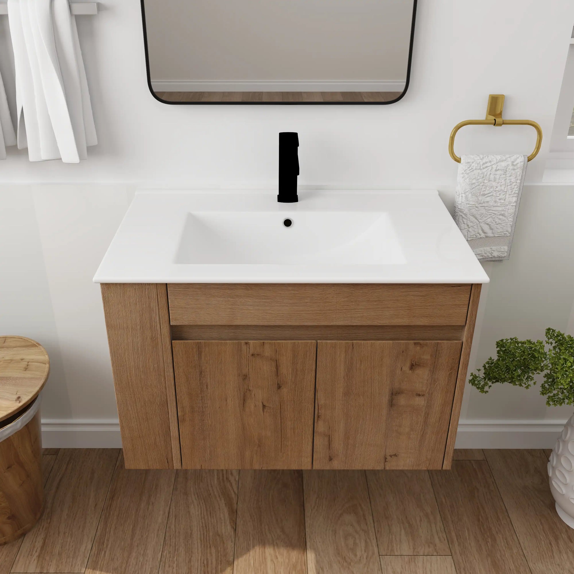 30" wall mounted vanity cabinet with white ceramic sink and double doors | Ace Decor