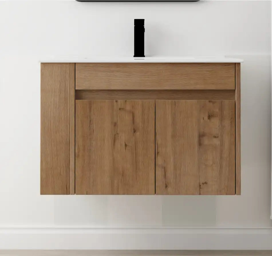 30" wall mounted vanity cabinet floating installation with oak finish | Ace Decor