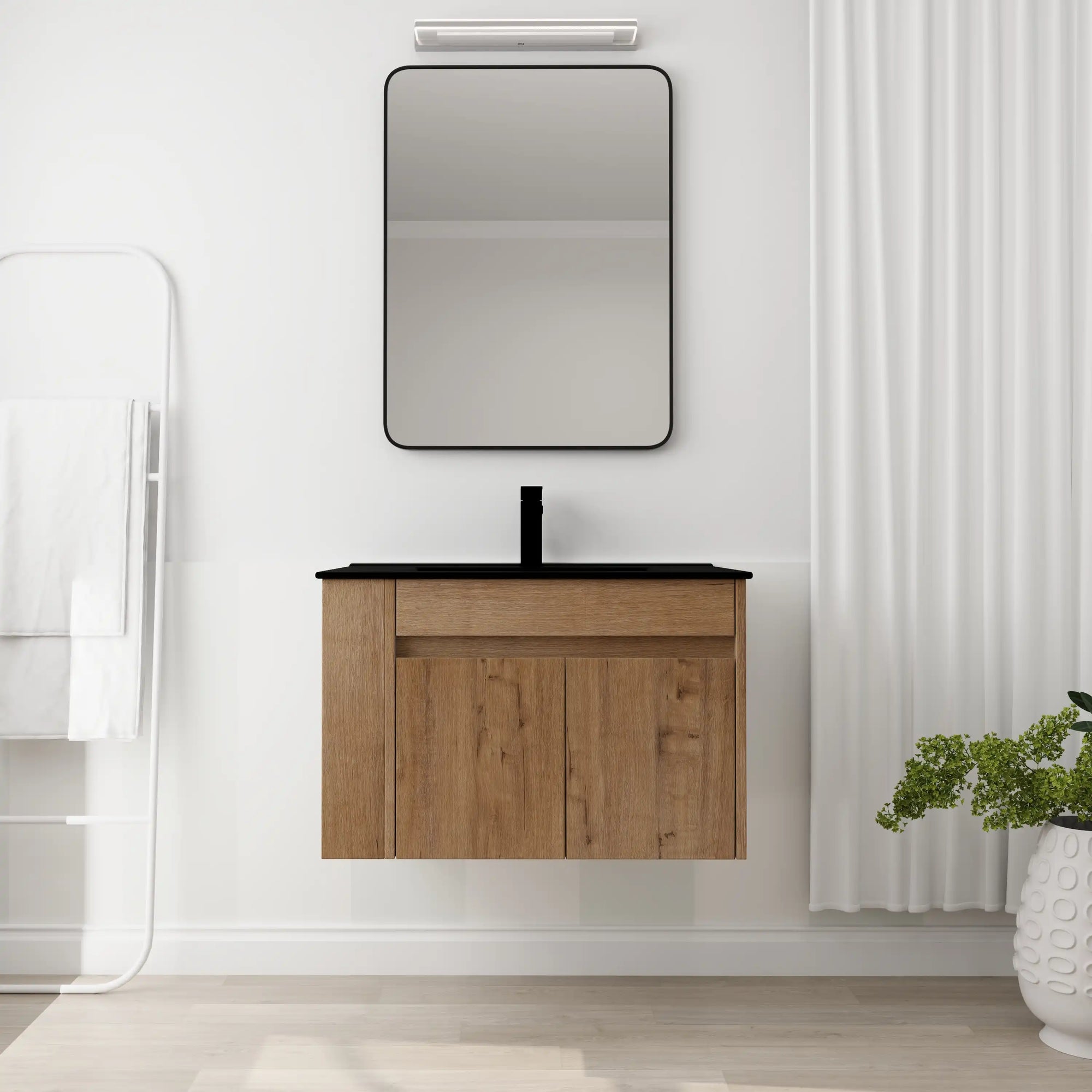 Front view of 30" wall mounted vanity units with black sink top and double-door storage | Ace Decor