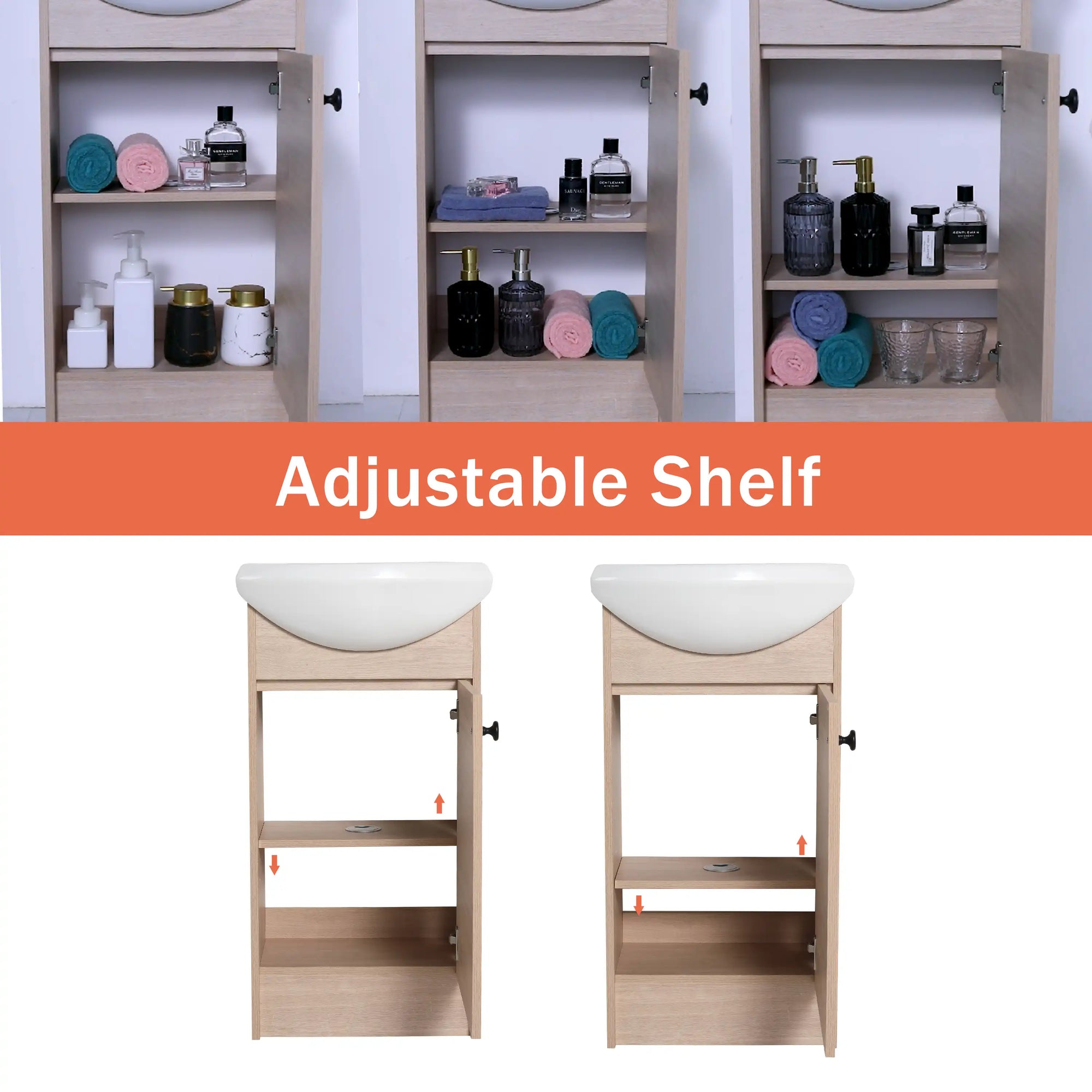 18" bathroom vanity with bowl sink featuring adjustable interior shelf options | Ace Decor