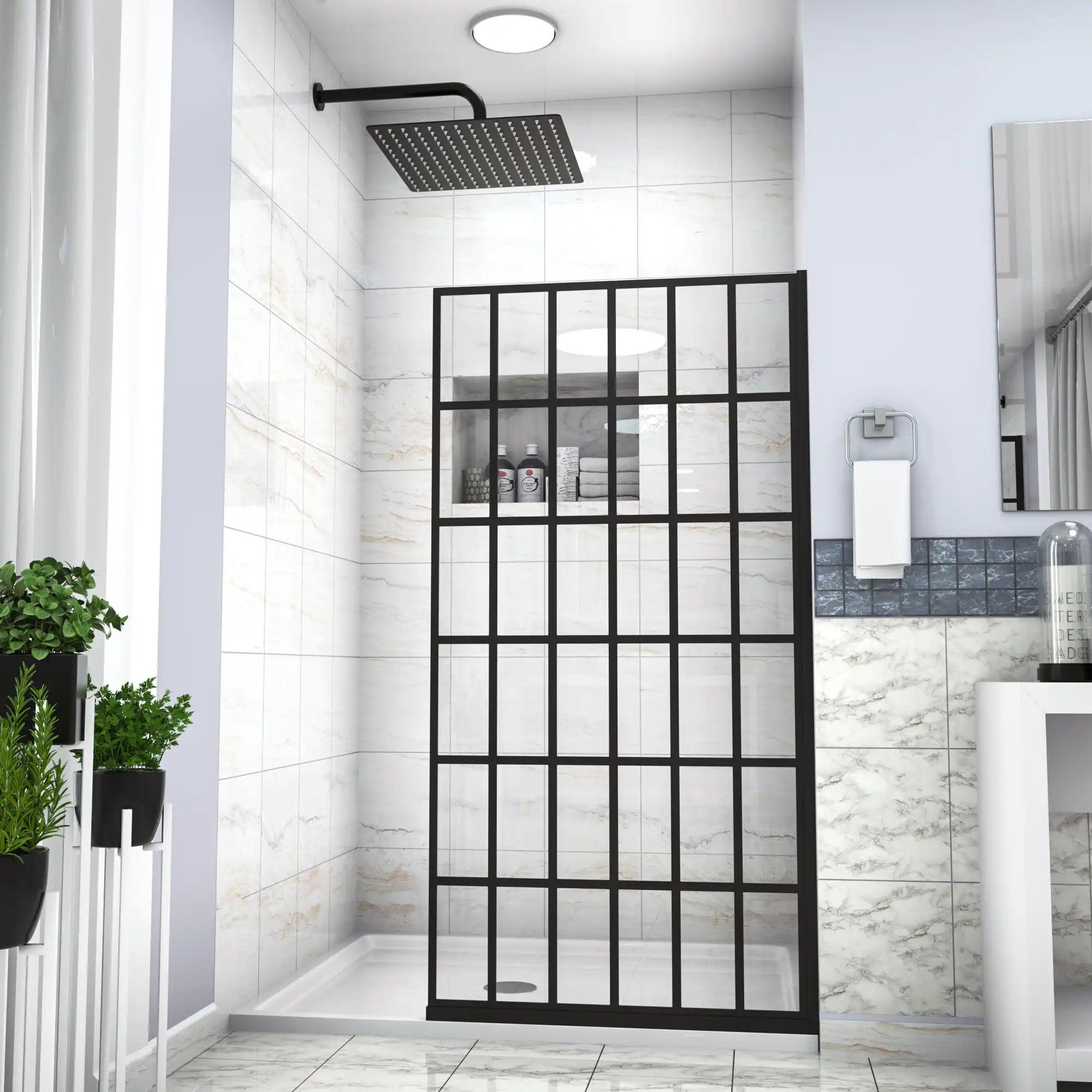Bathroom interior with grid glass shower door 38 x 72 inch black frame, real installation view.