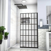 Bathroom interior with grid glass shower door 38 x 72 inch black frame, real installation view.