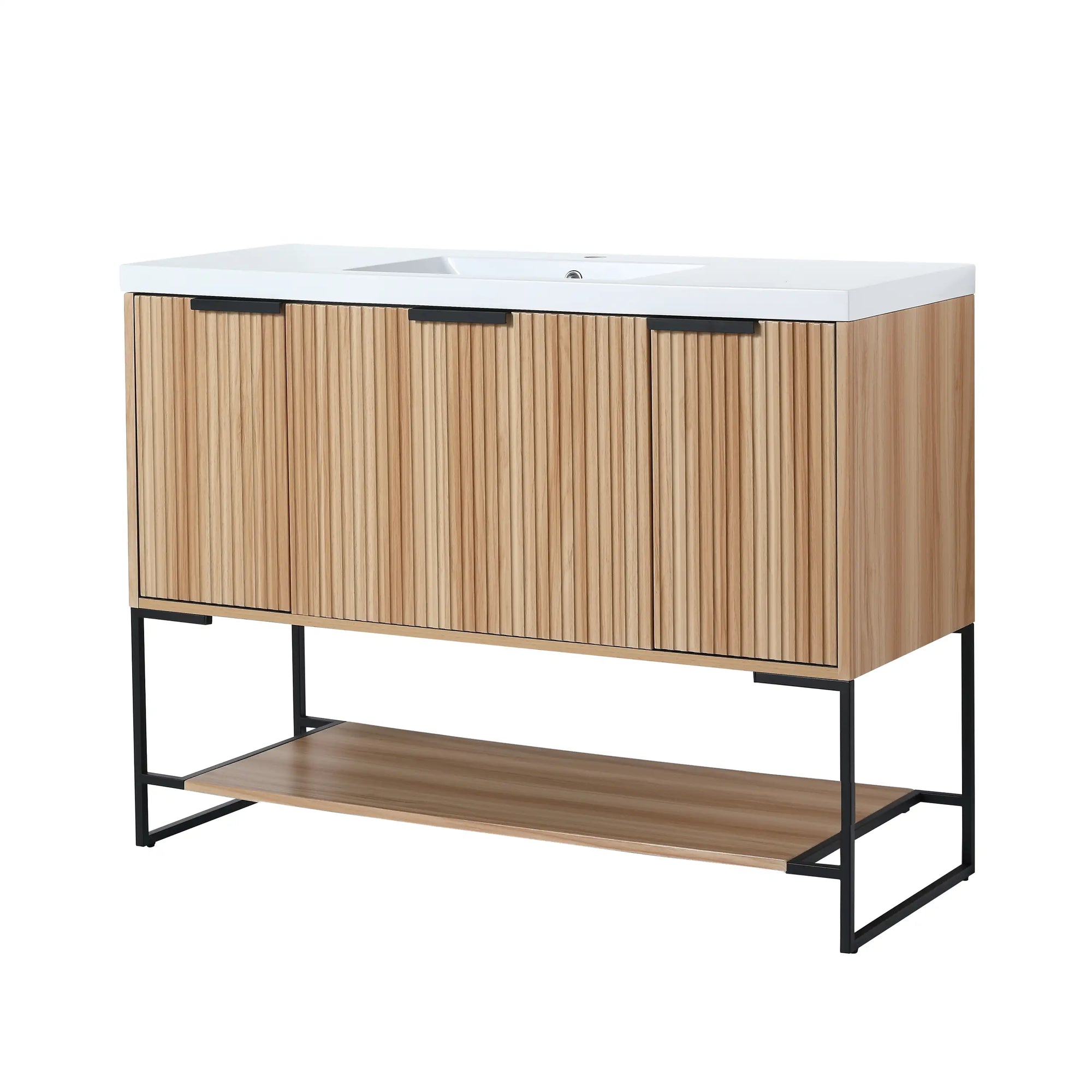 maple bathroom vanity 48 front view with fluted wood doors and sink top | Ace Decor