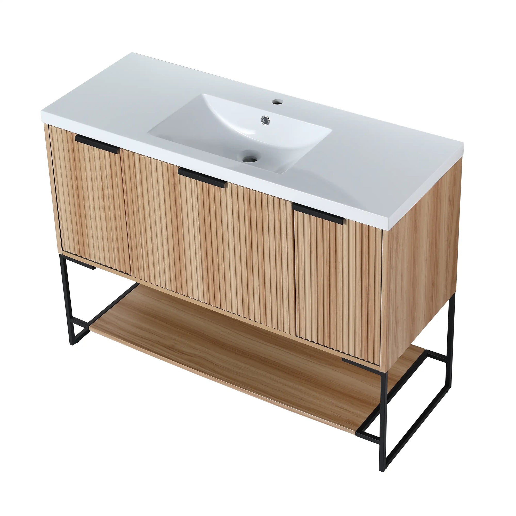 maple bathroom vanity 48 with fluted front and open shelf design | Ace Decor