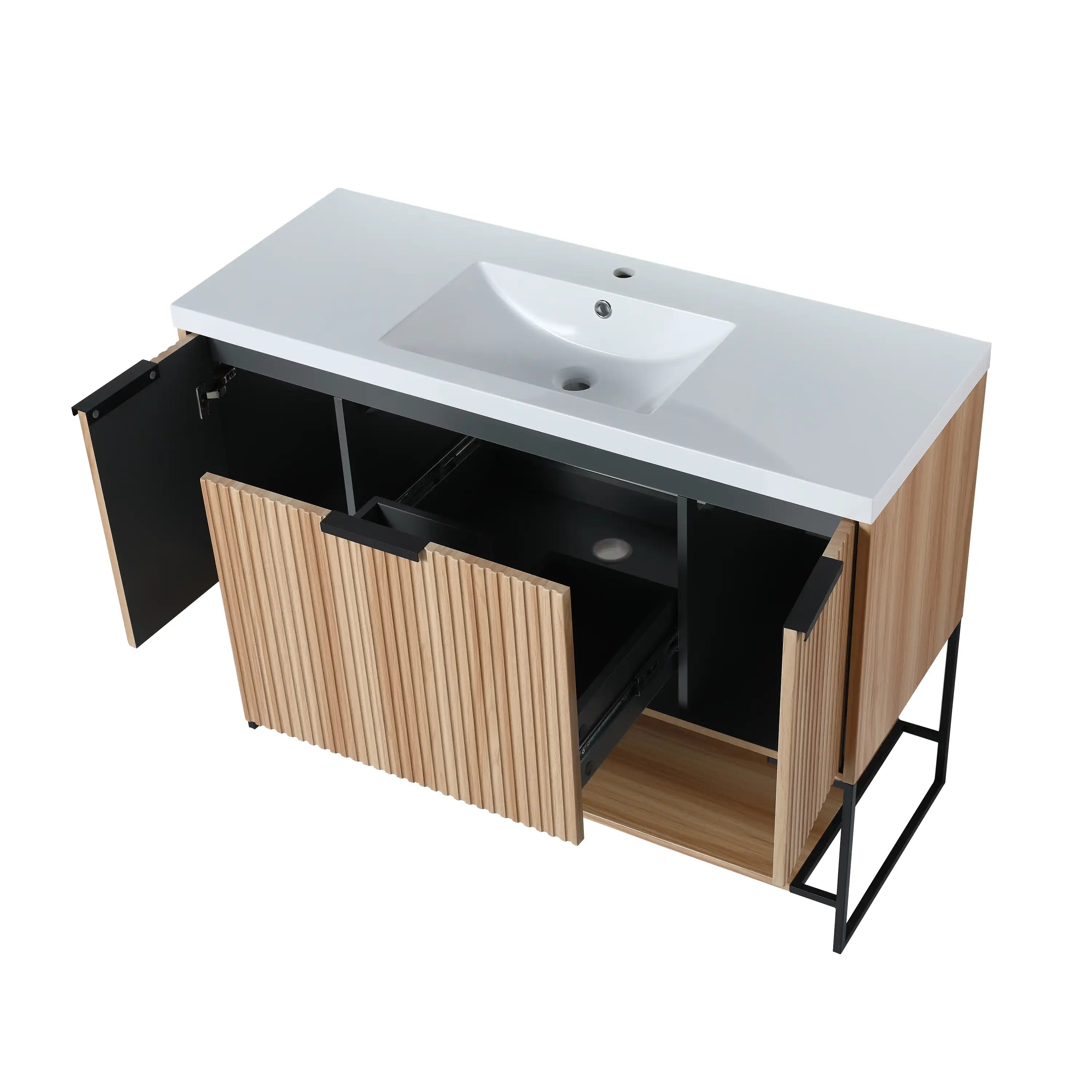 Freestanding bathroom vanity 48 inch with doors open showing drawer and cabinet storage layout.