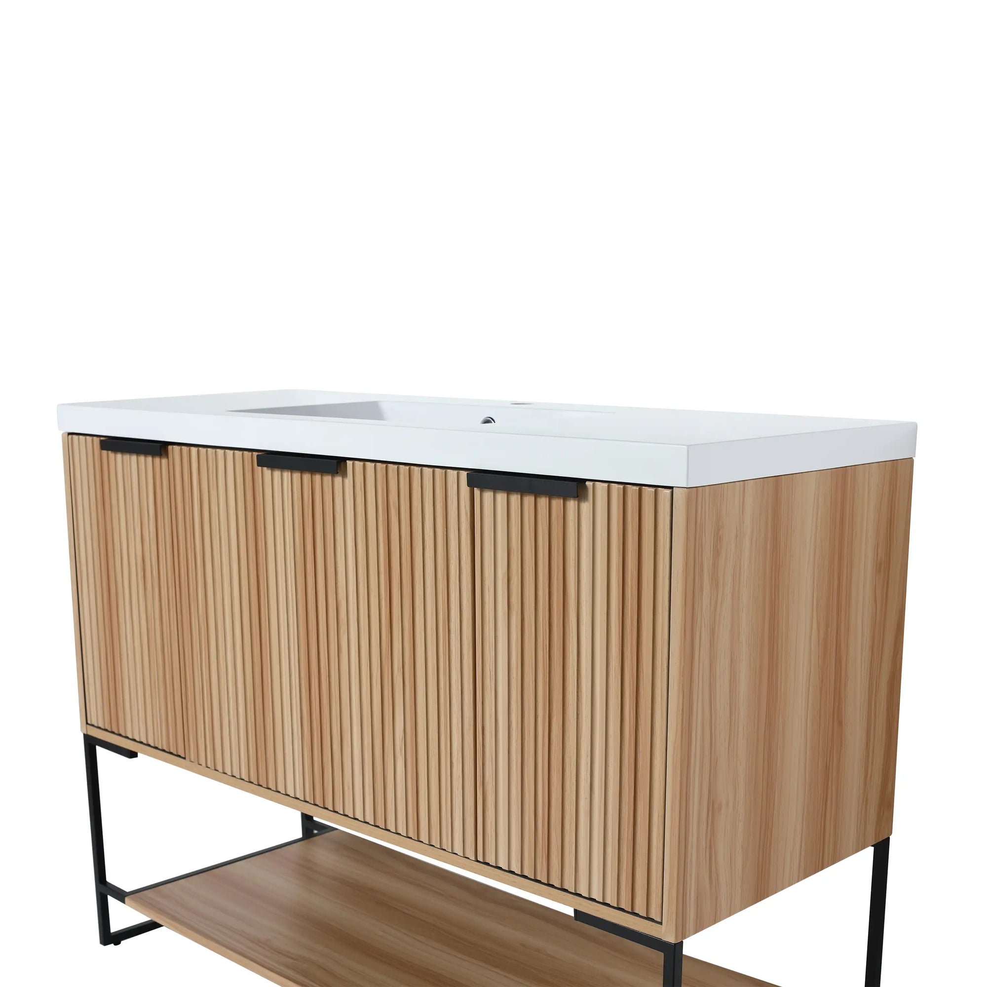 maple bathroom vanity 48 angled view showing fluted panels and open shelf | Ace Decor