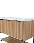 maple bathroom vanity 48 angled view showing fluted panels and open shelf | Ace Decor