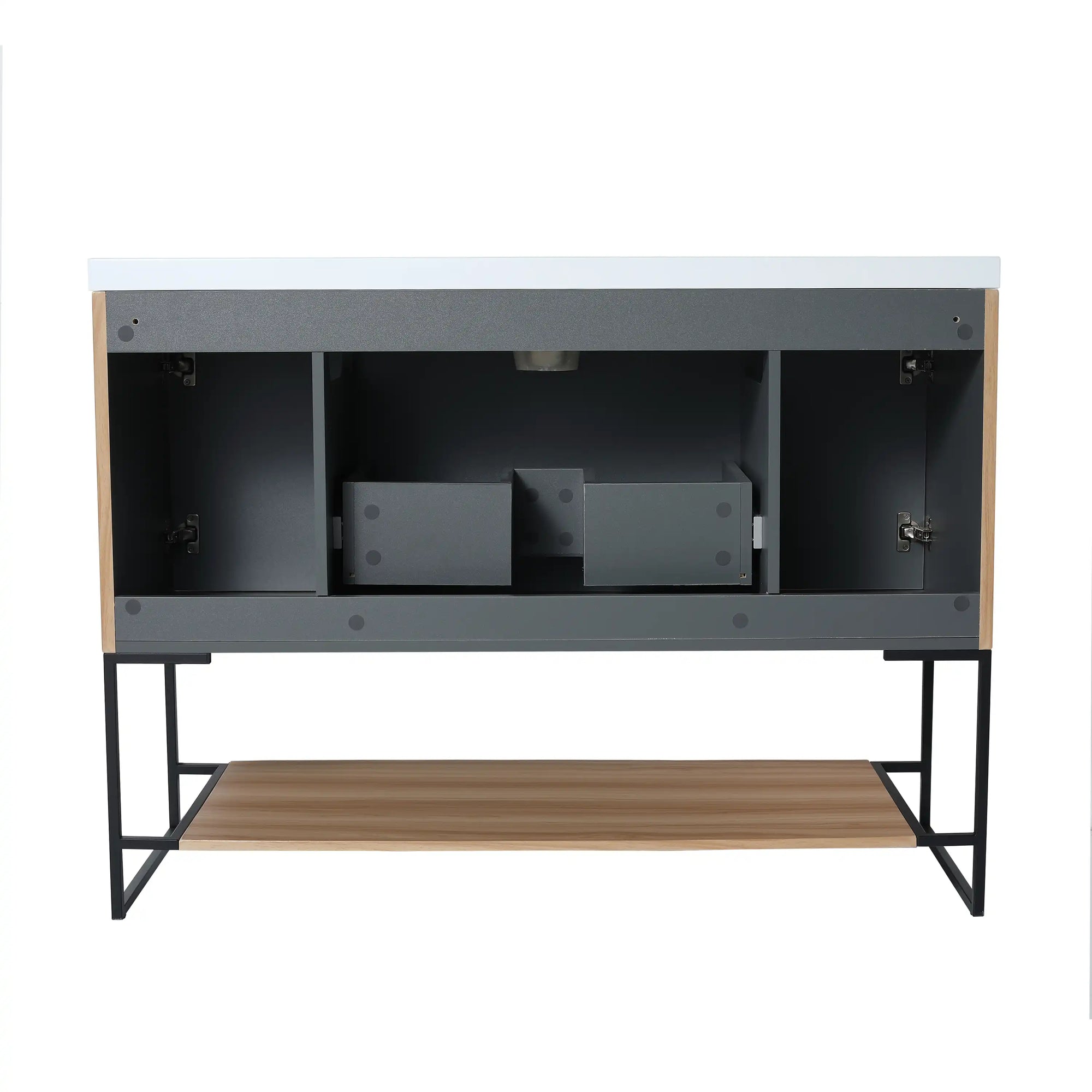 maple bathroom vanity 48 back view with open cabinet and plumbing space | Ace Decor