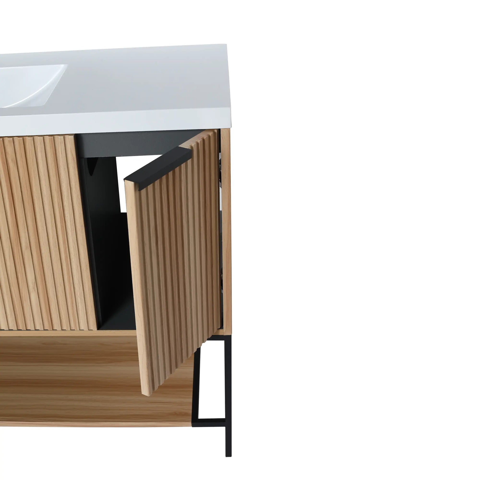 maple bathroom vanity 48 cabinet door open showing interior storage | Ace Decor