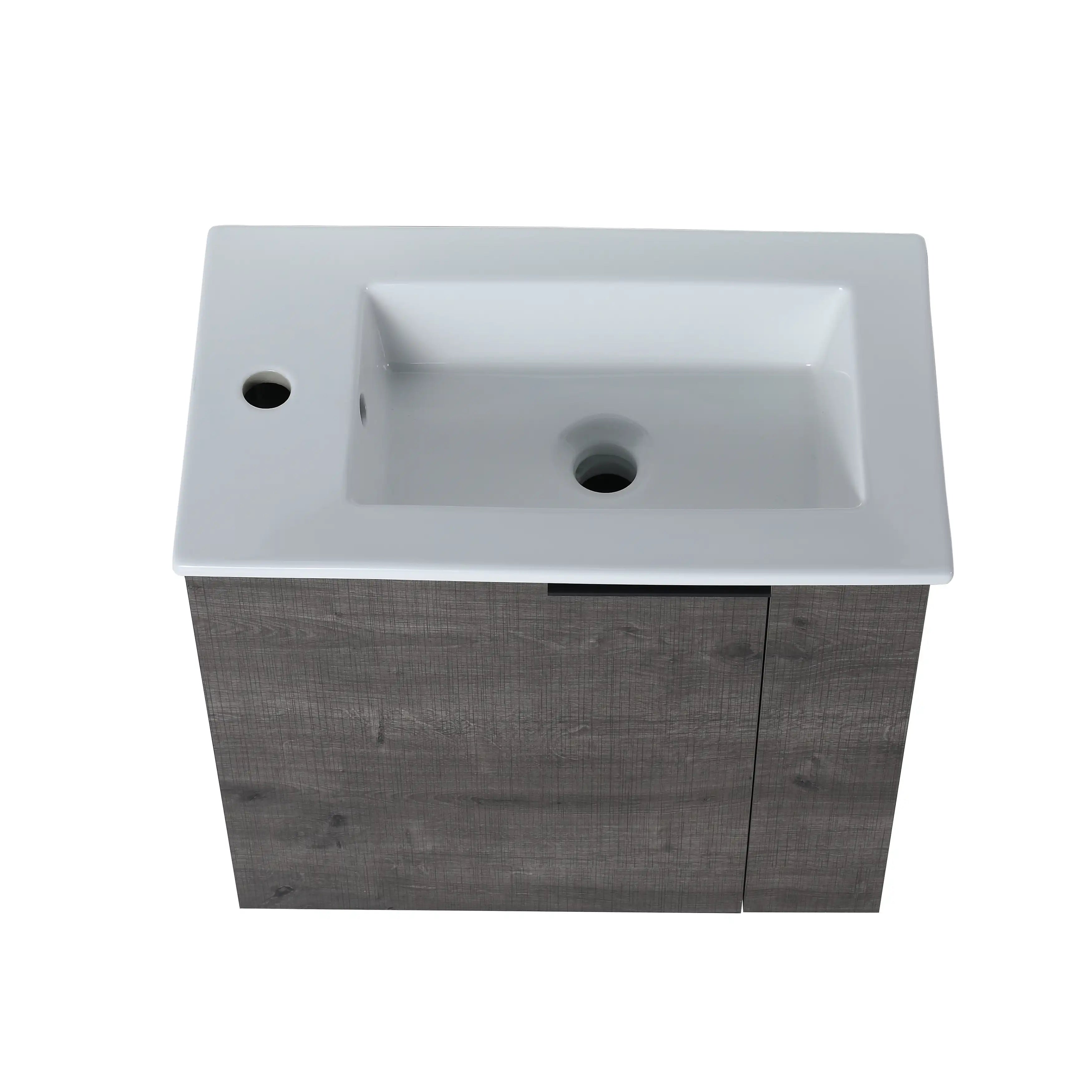 22 inch floating bathroom vanity with integrated white ceramic basin and side faucet hole.