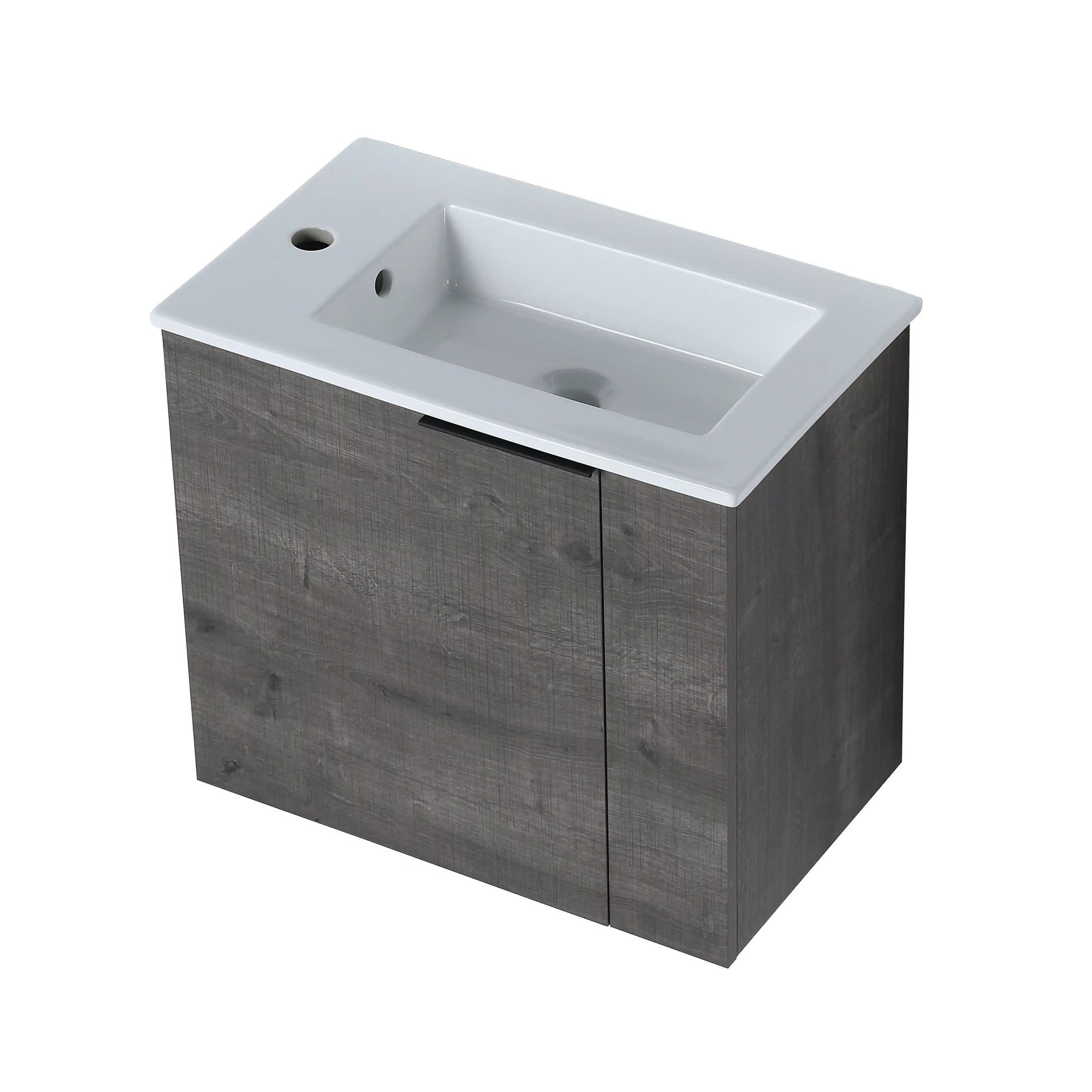 Angled view of 22" floating bathroom vanity sink featuring integrated ceramic sink and side faucet hole | Ace Decor