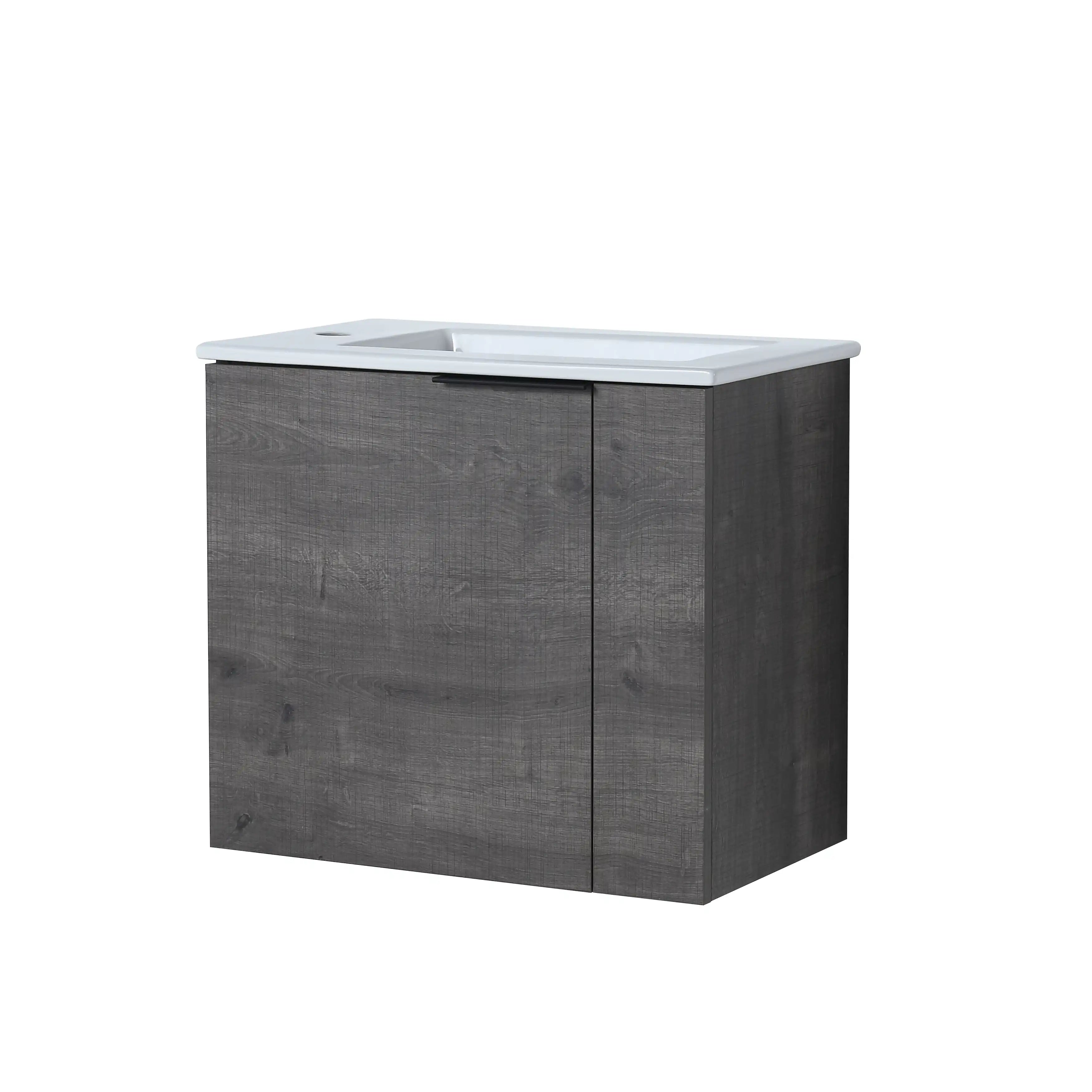 Forma Series 22" floating bathroom vanity in grey oak finish with integrated ceramic basin.