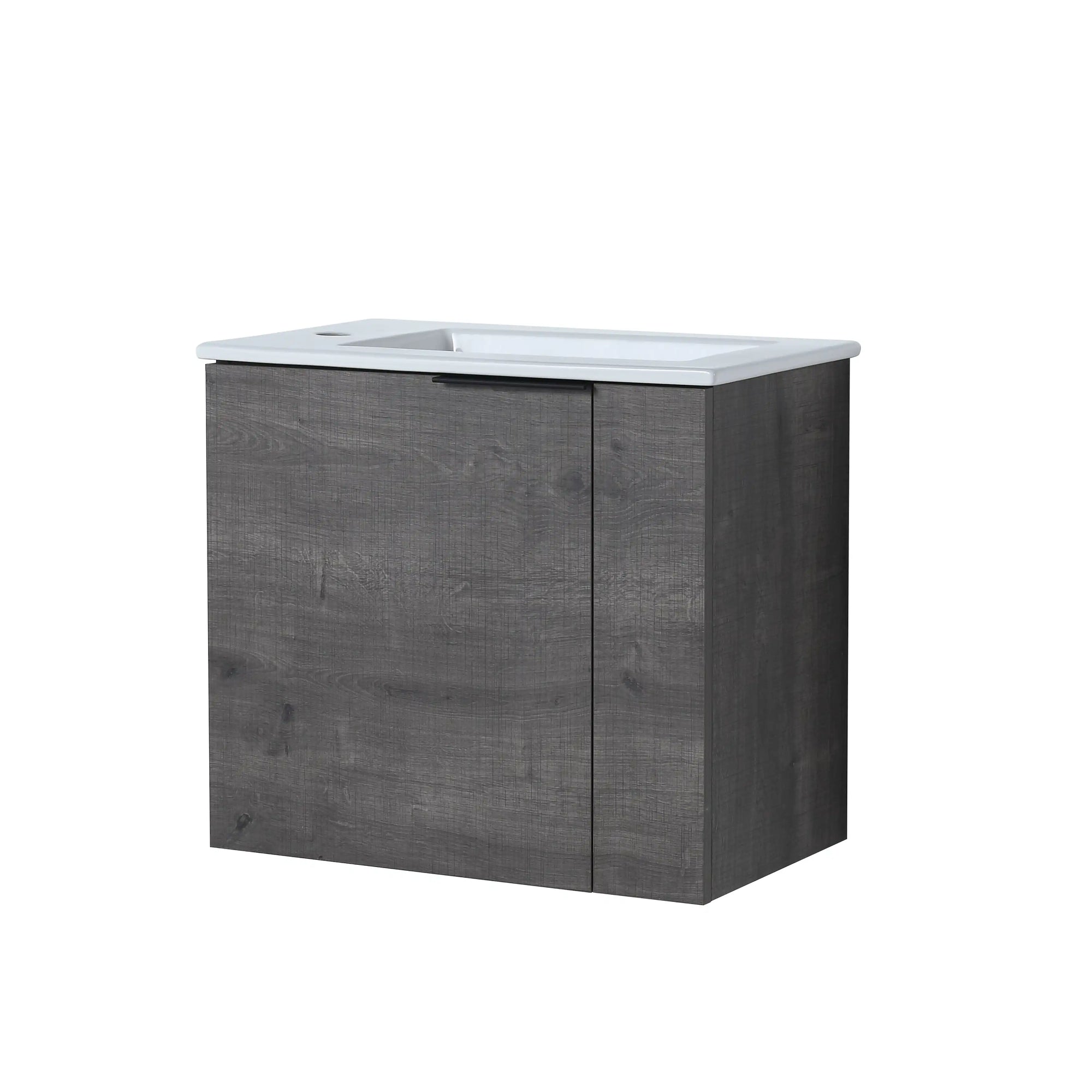 22" floating bathroom vanity sink in grey oak finish with integrated ceramic basin | Ace Decor