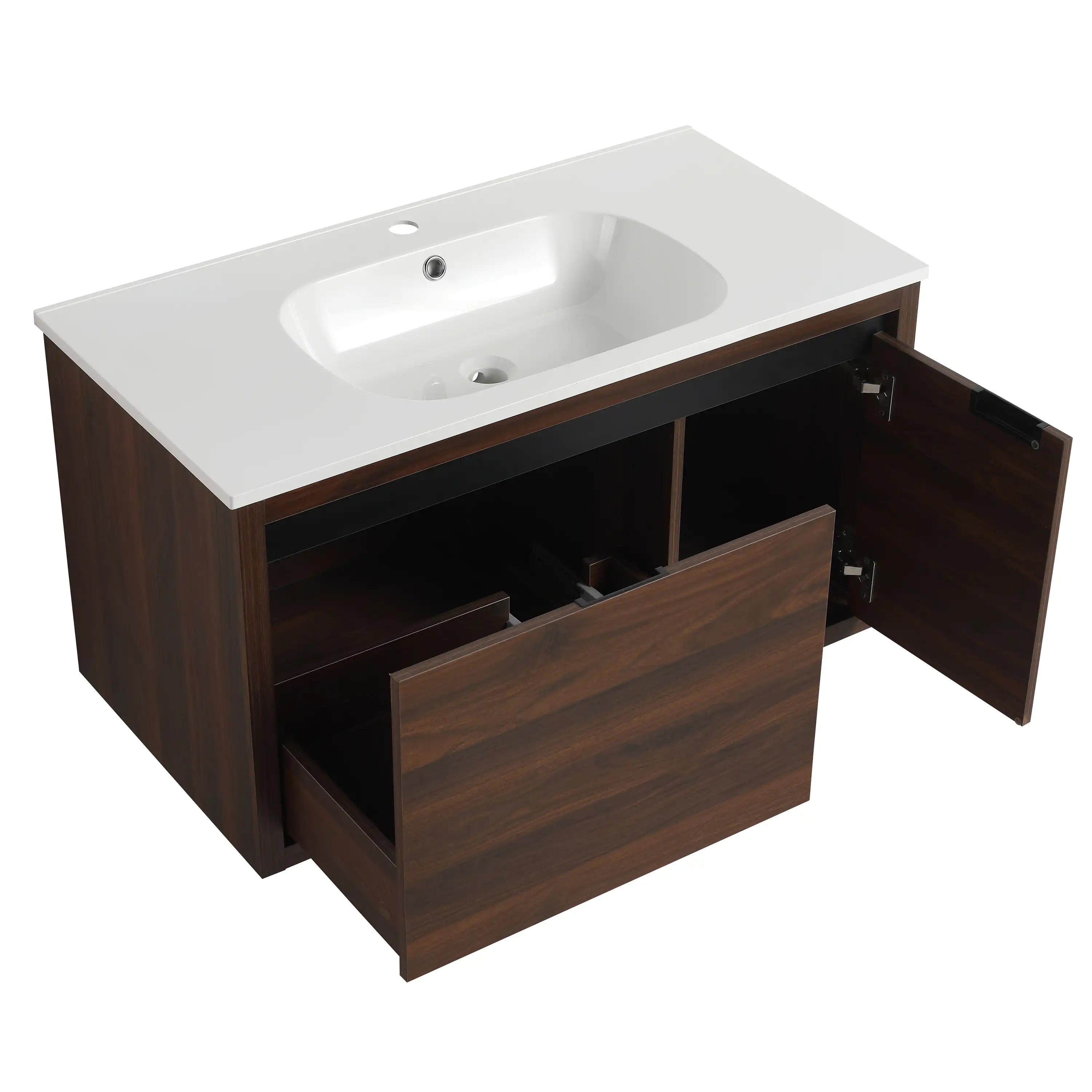36 Inch California Walnut Wall-Mounted Bathroom Vanity with Gel Sink – Modern & Space-Saving Design