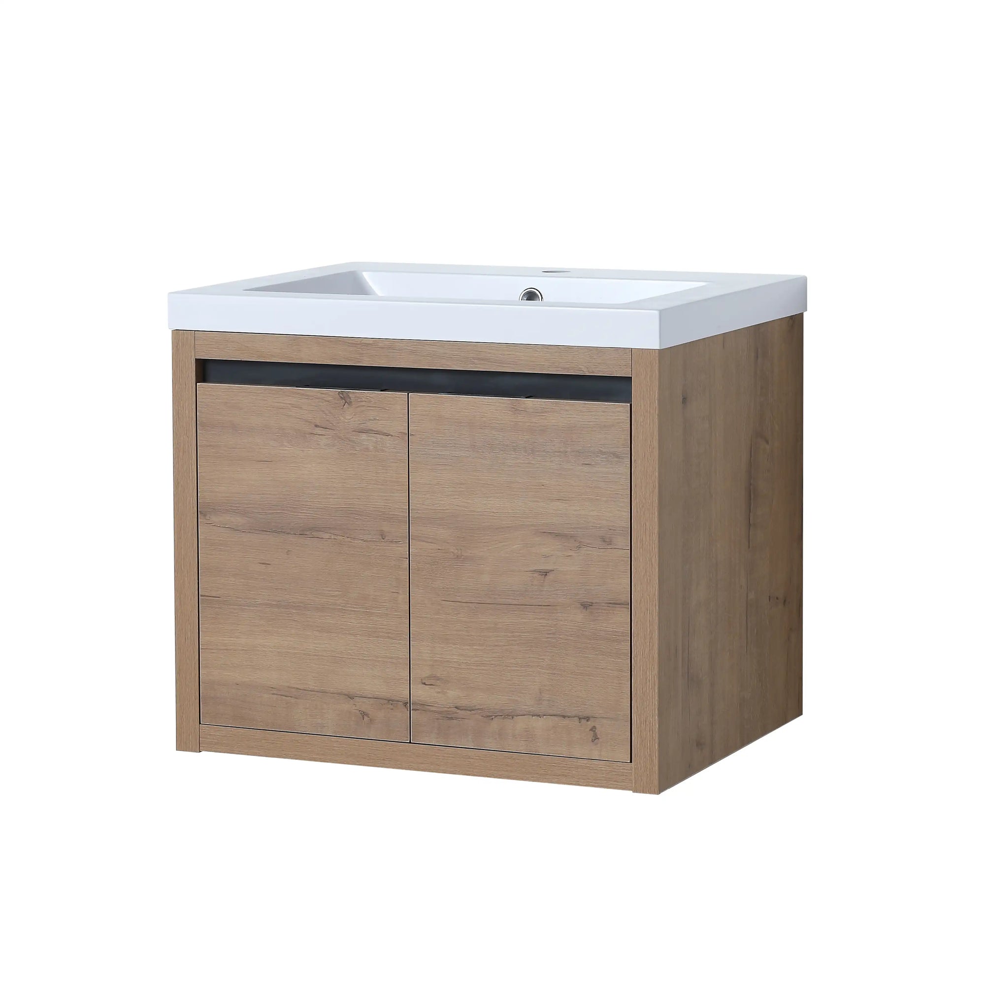 Side perspective of 24" wall mounted vanity unit in imitative oak with clean modern lines | Ace Decor