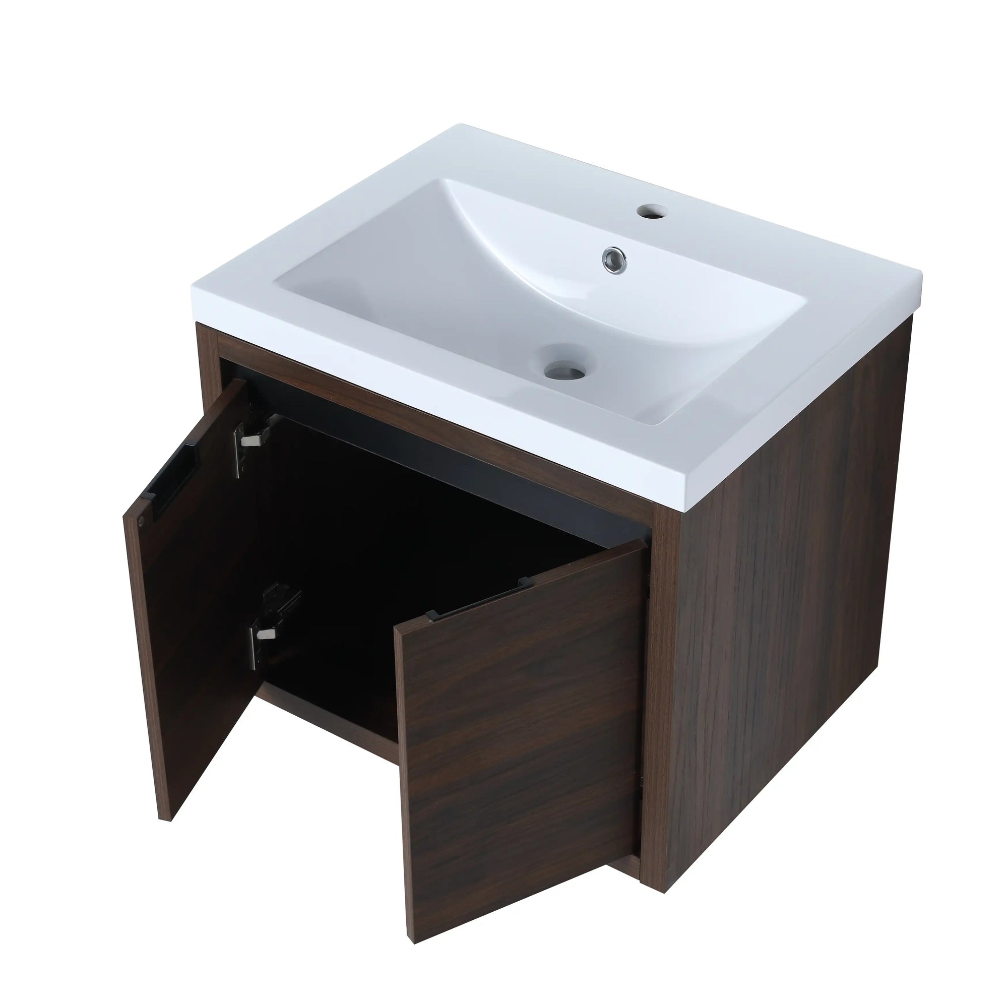 Open cabinet view of 24" floating vanity bathroom with resin sink and storage space | Ace Decor