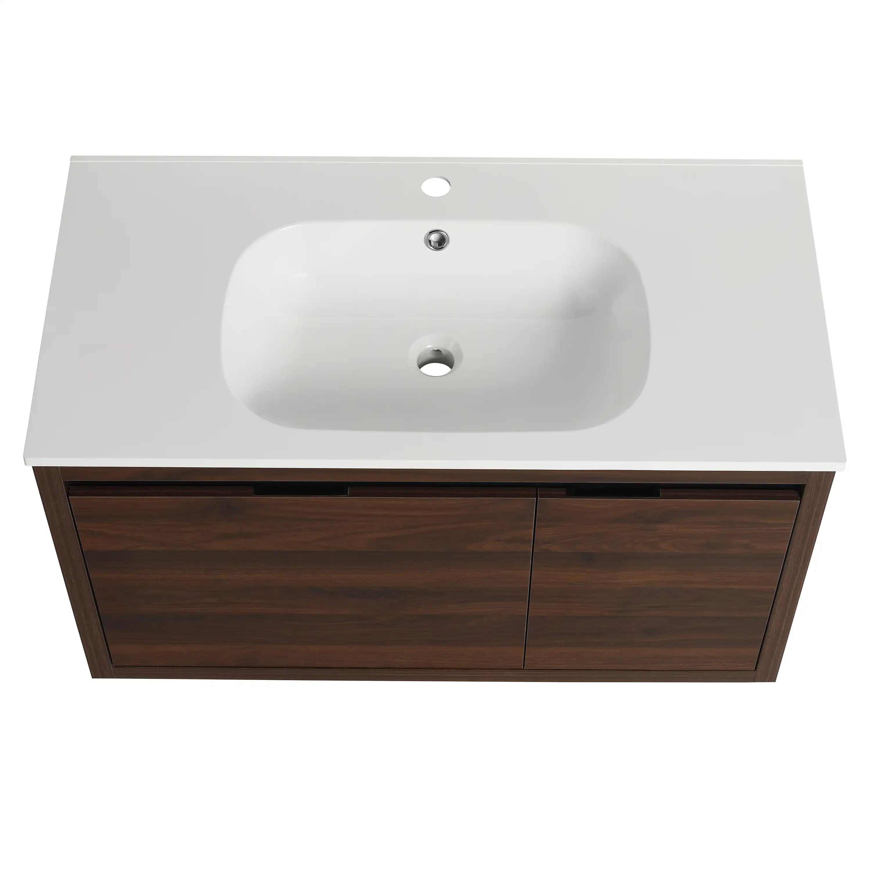 36 Inch California Walnut Wall-Mounted Bathroom Vanity with Gel Sink – Modern & Space-Saving Design