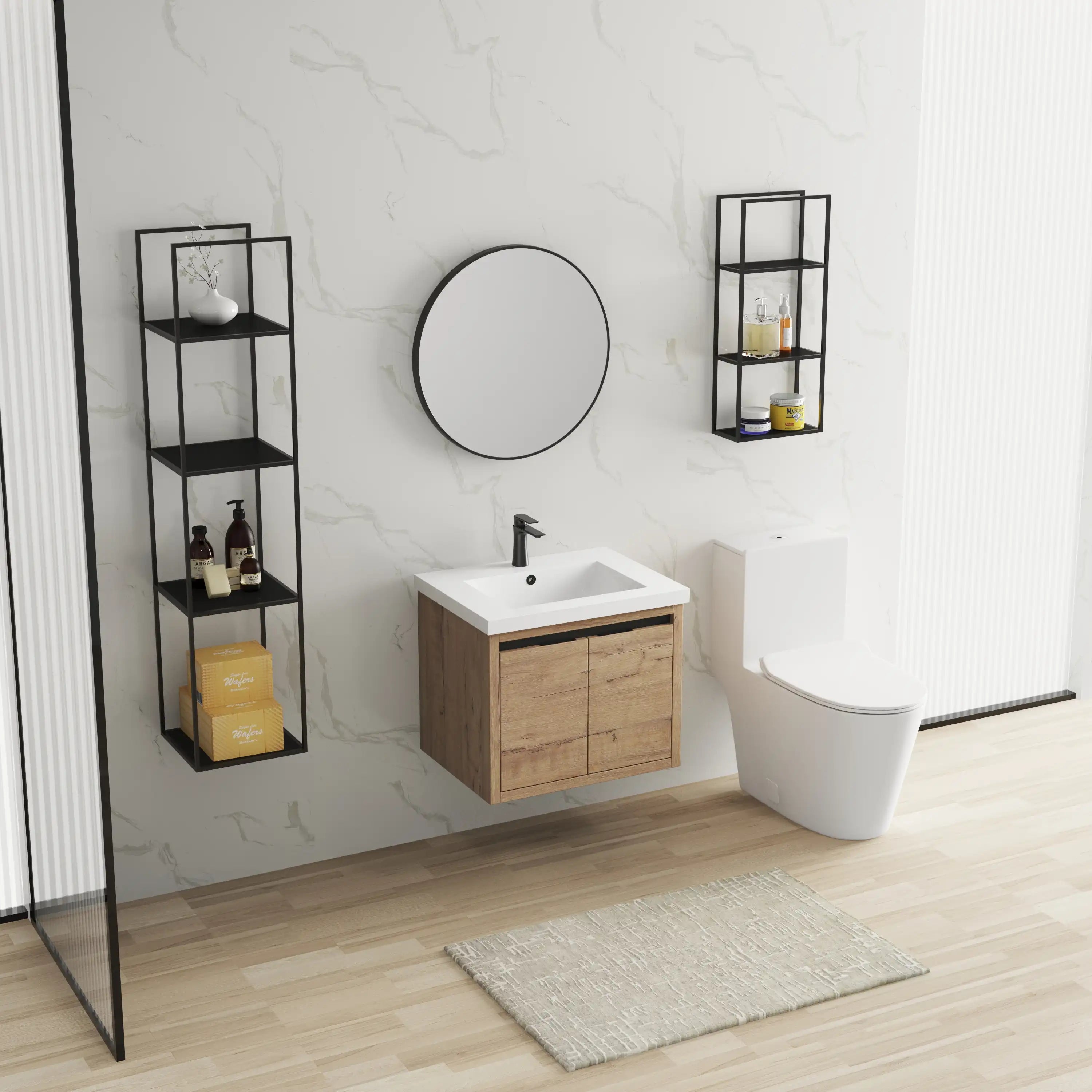 Angle view of 24 inch wall mounted vanity with integrated sink in imitative oak finish.