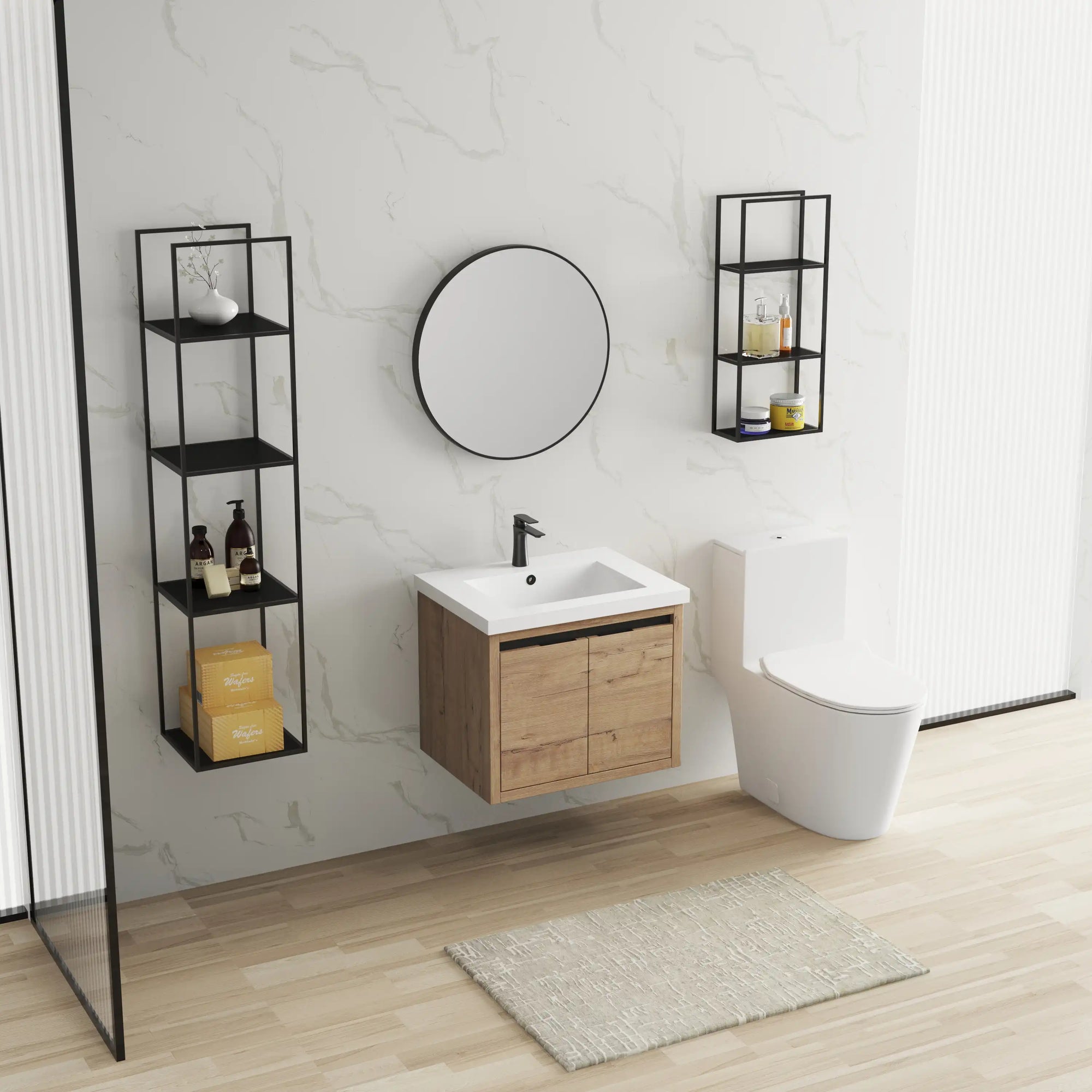 Front view of 24" wall mounted vanity unit with integrated sink in imitative oak finish | Ace Decor