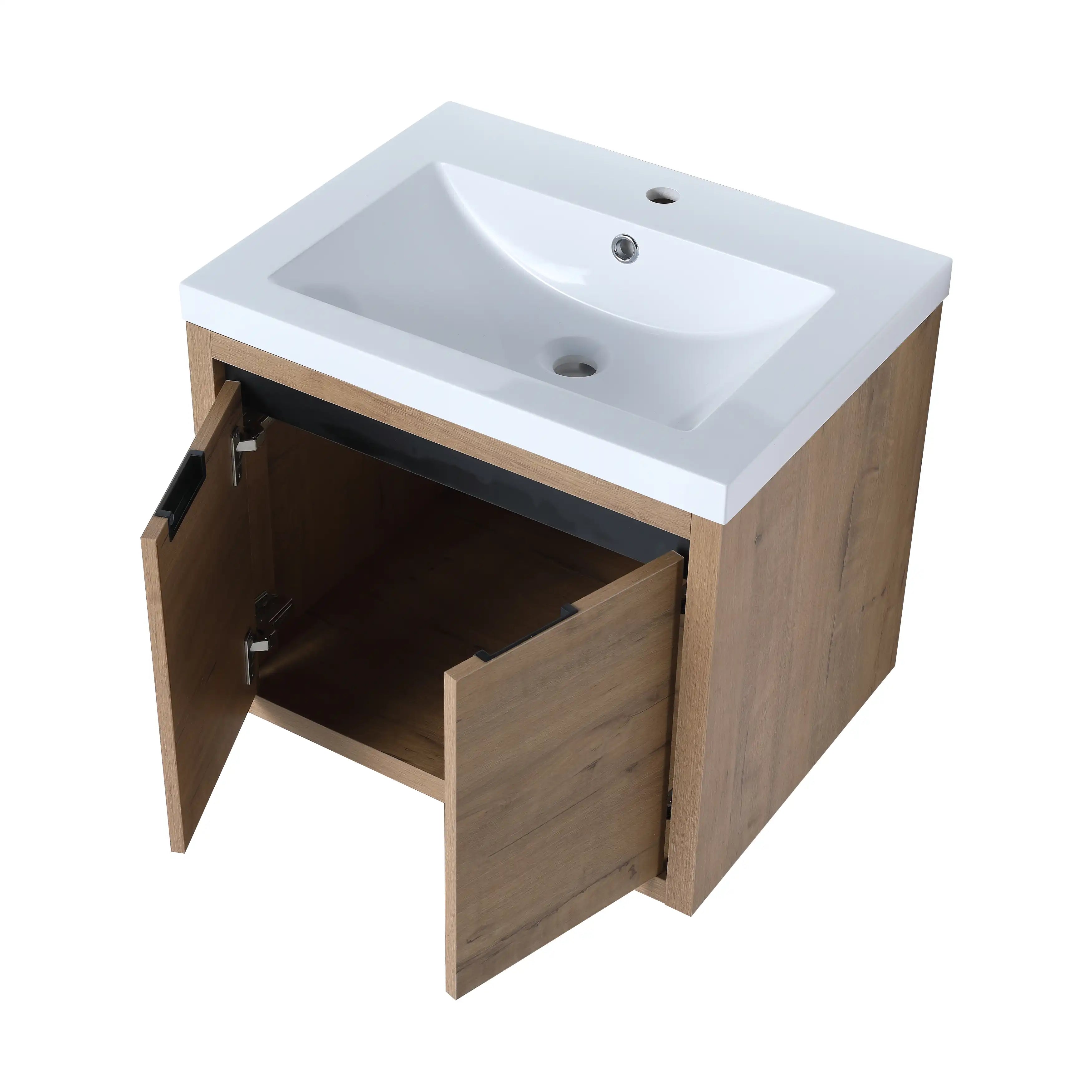 Angled view of 24 inch wall mounted vanity with resin sink and dual-door cabinet.