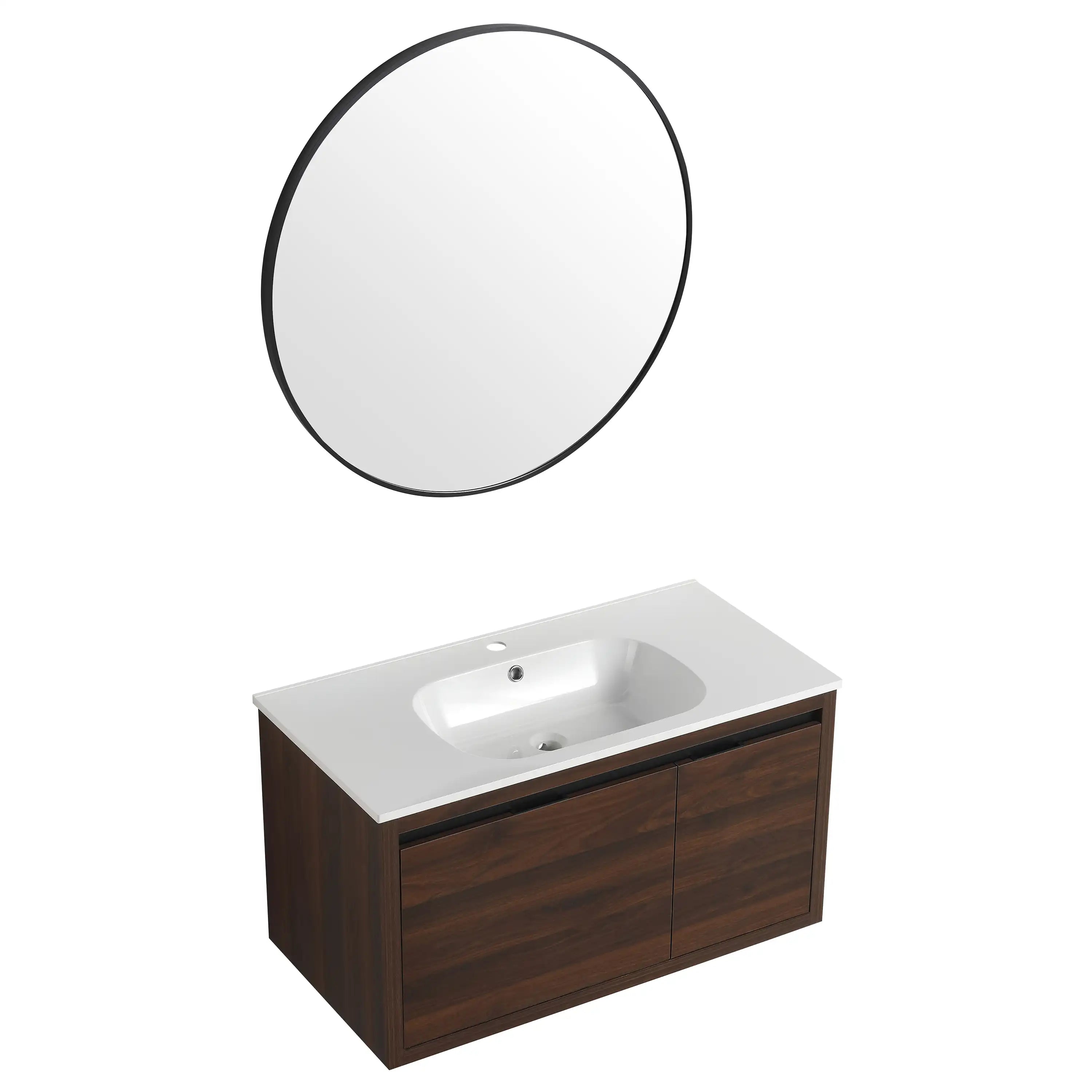 36 Inch California Walnut Wall-Mounted Bathroom Vanity with Gel Sink – Modern & Space-Saving Design