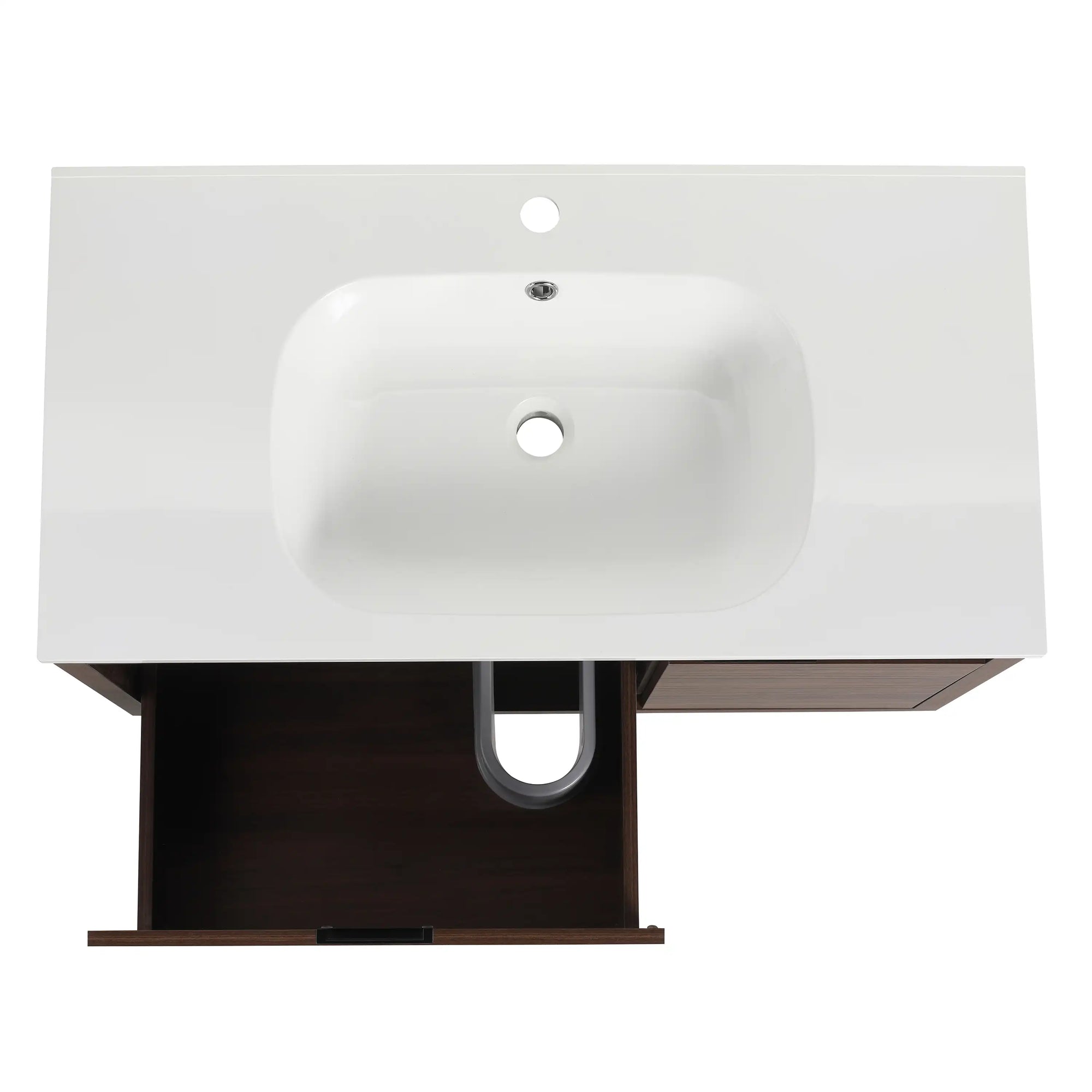 Top view of 36" wall mounted single bathroom vanity with resin sink and plumbing clearance | Ace Decor