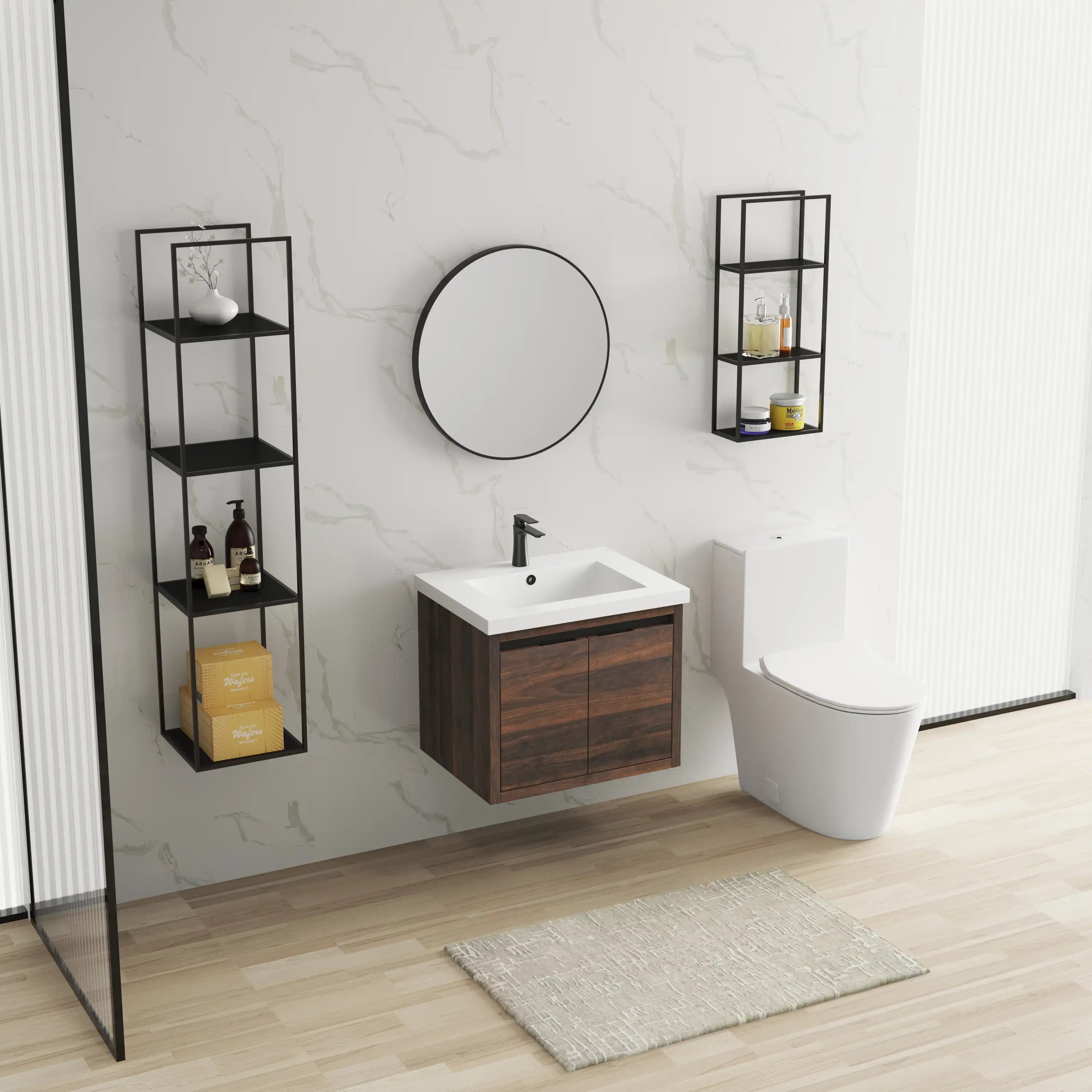 24 inch floating bathroom vanity styled in modern bathroom setting with wall-hung mirror and black fixtures.