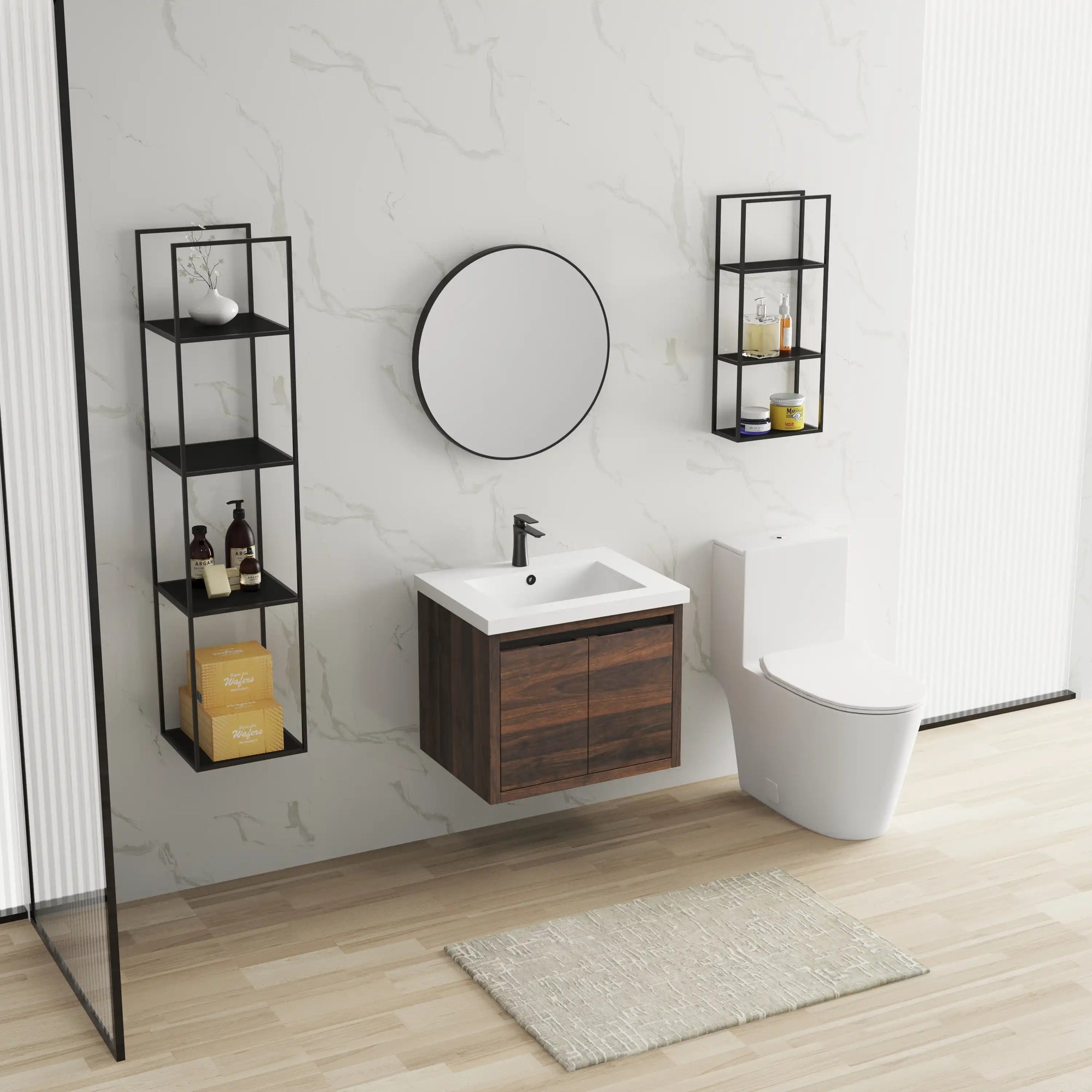 24" floating vanity bathroom styled in modern bathroom setting with wall-mounted design | Ace Decor