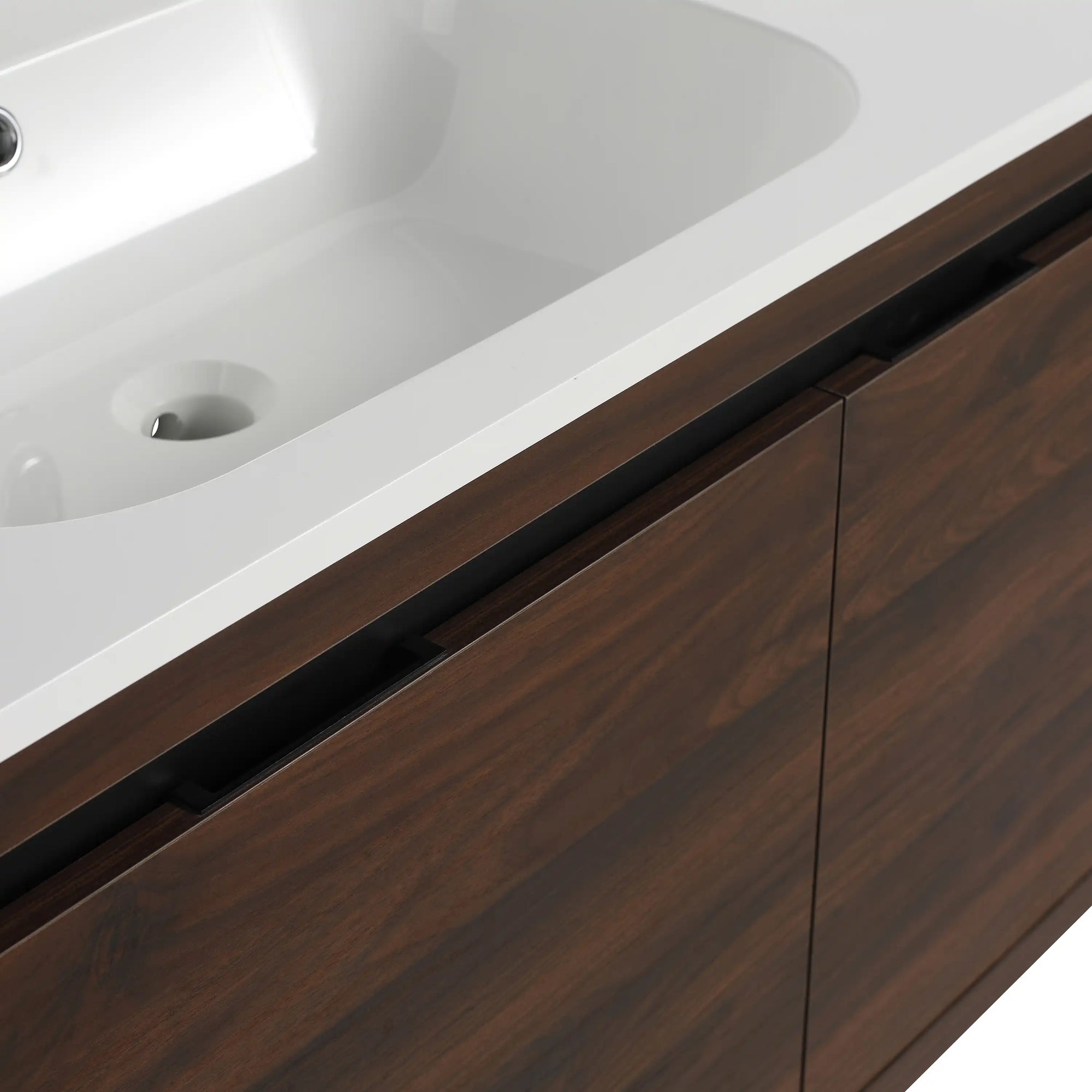 36" wall mounted single bathroom vanity with integrated resin sink and walnut cabinet detail | Ace Decor