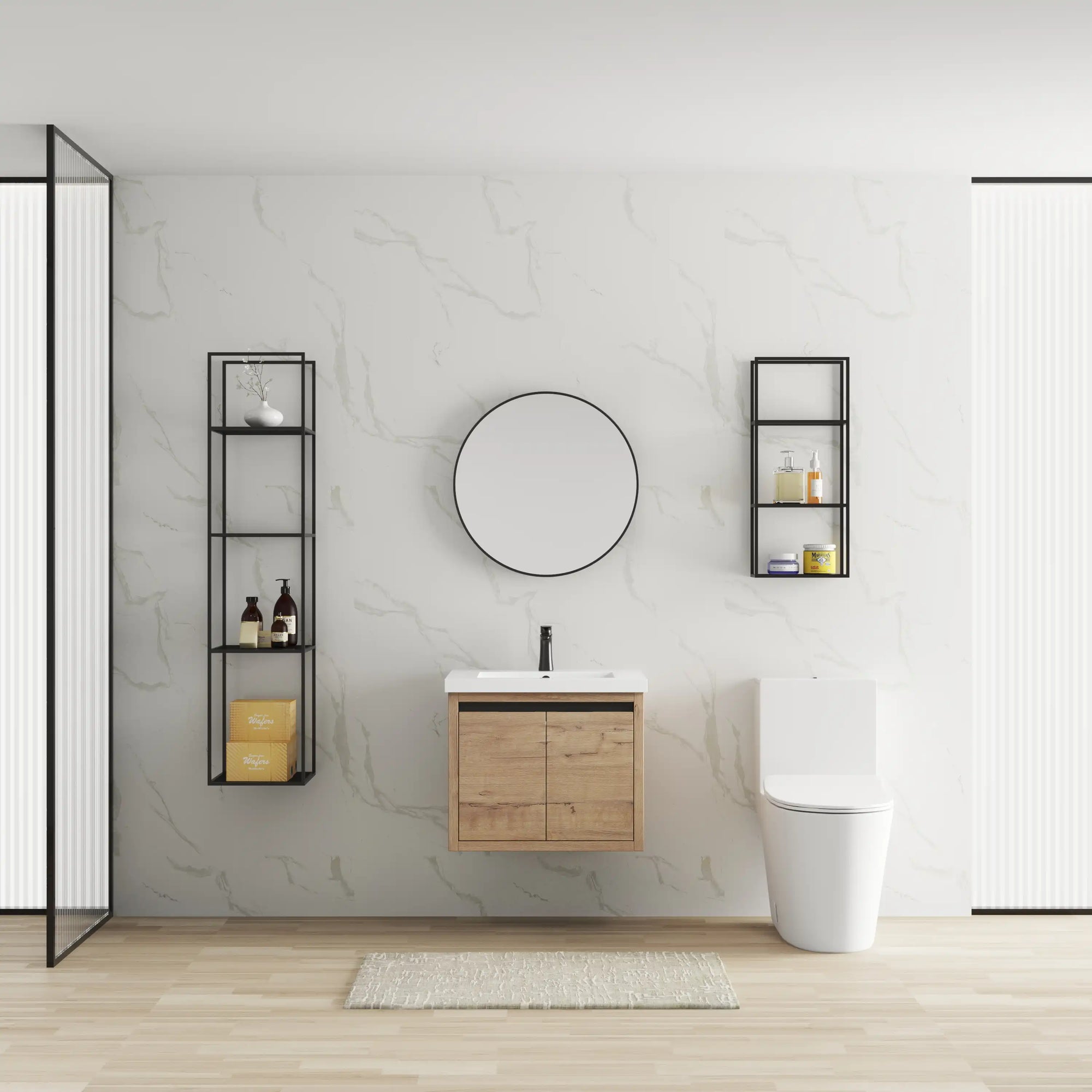 24" wall mounted vanity unit in oak finish installed in modern bathroom | Ace Decor