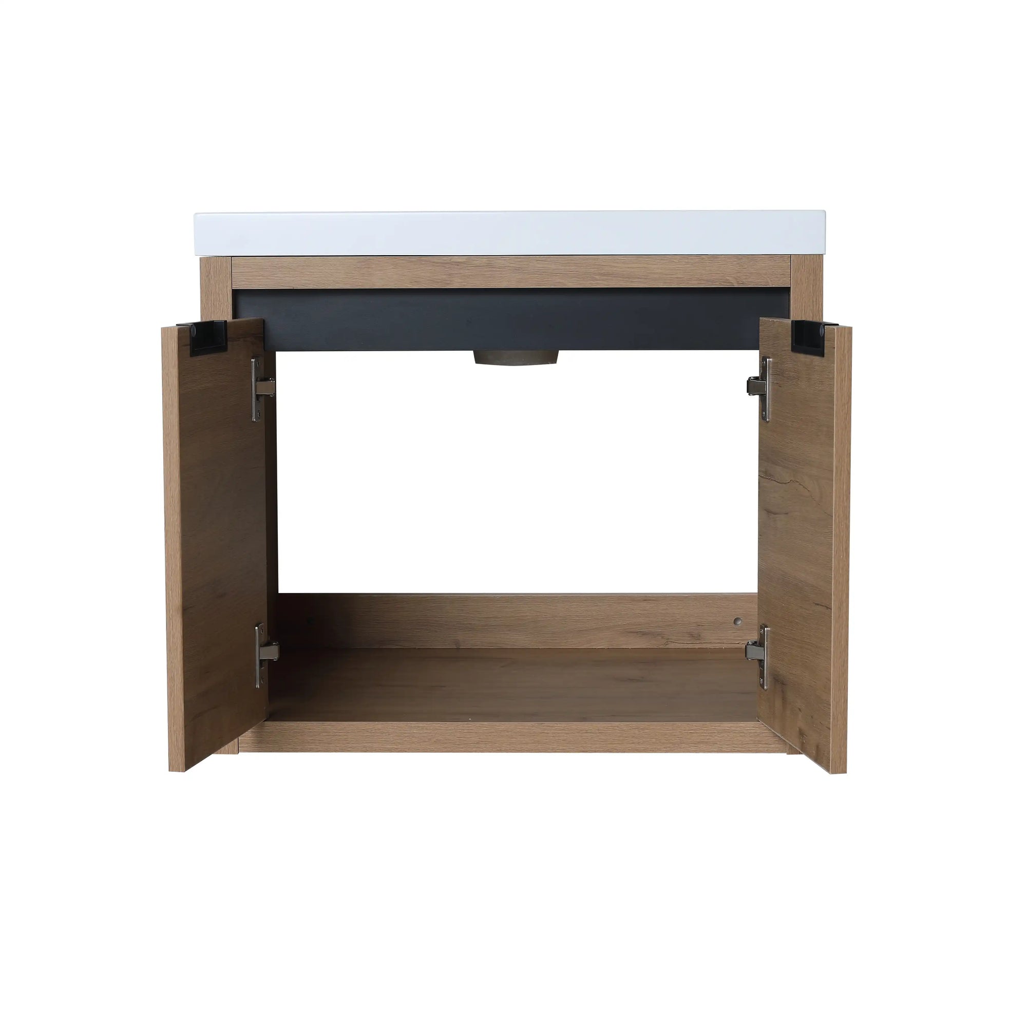 24" wall mounted vanity unit with double-door interior storage open view | Ace Decor