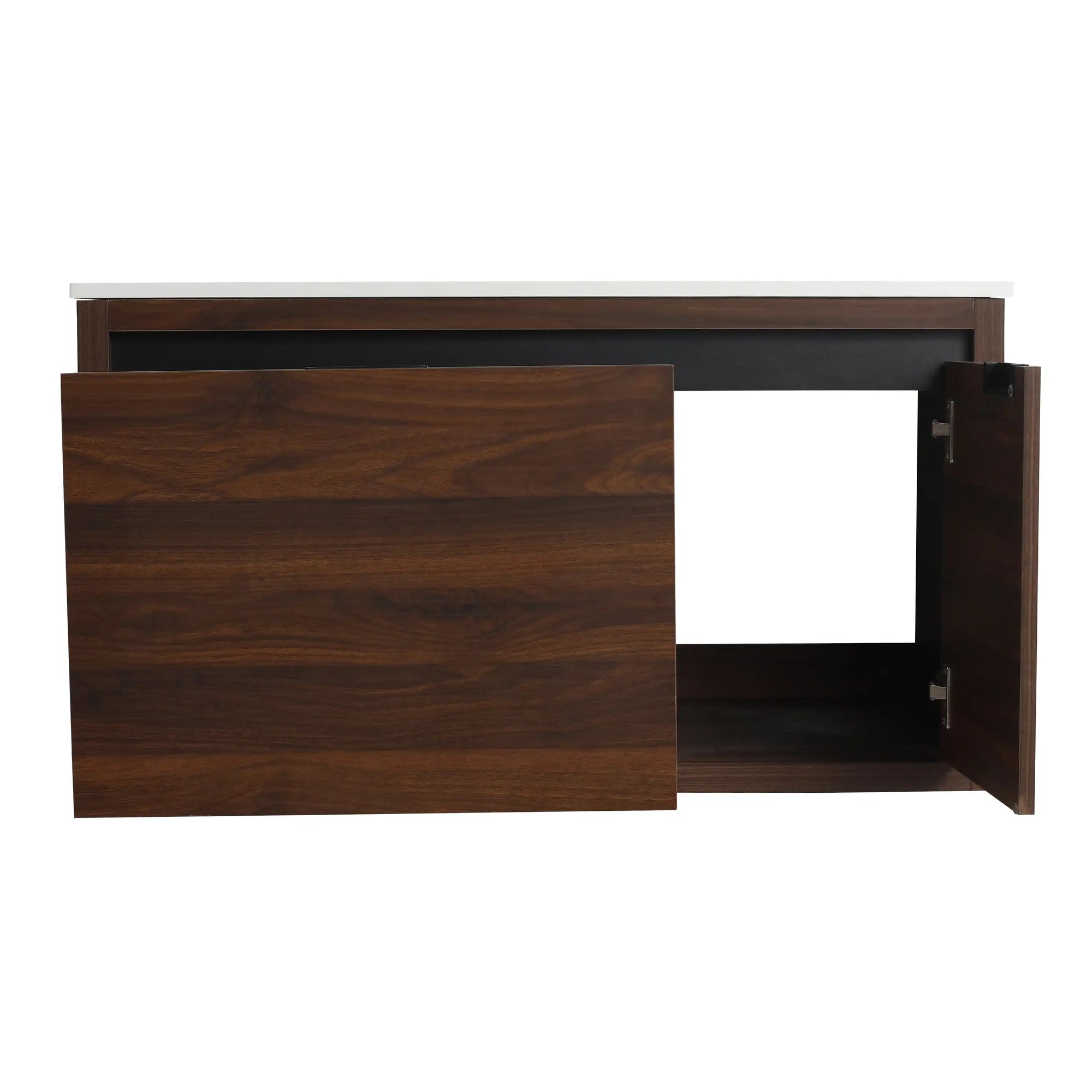 36" wall mounted single bathroom vanity with sliding door and cabinet storage in walnut | Ace Decor