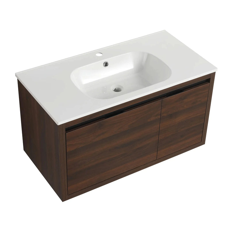 36 Inch California Walnut Wall-Mounted Bathroom Vanity with Gel Sink – Modern & Space-Saving Design