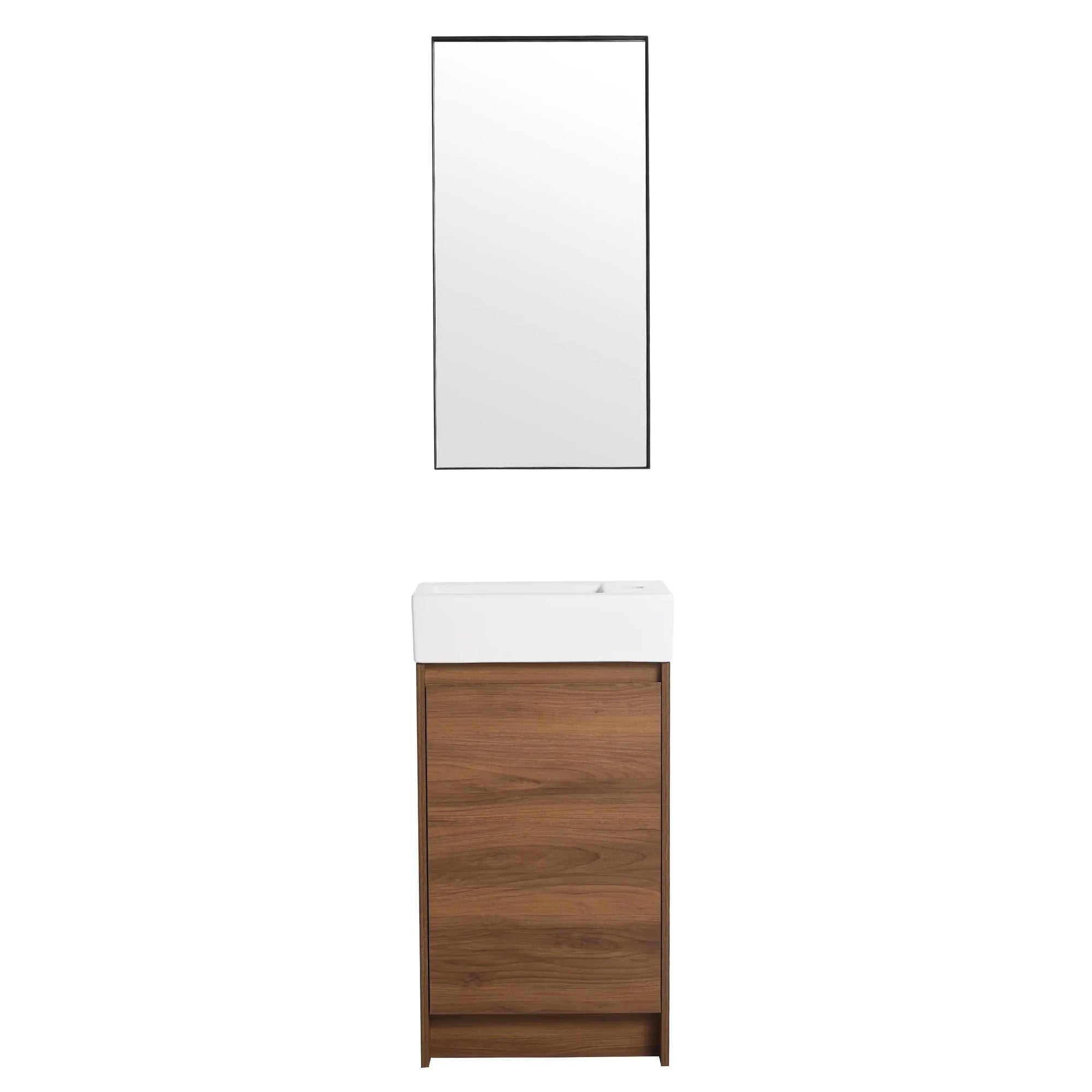 18" small bathroom vanity with sink front elevation view in modern walnut finish | Ace Decor