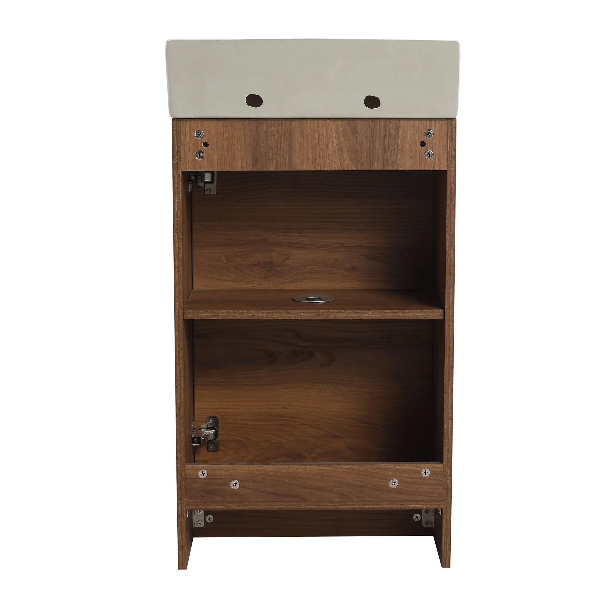 18" small bathroom vanity with sink rear view showing open back and interior shelf | Ace Decor