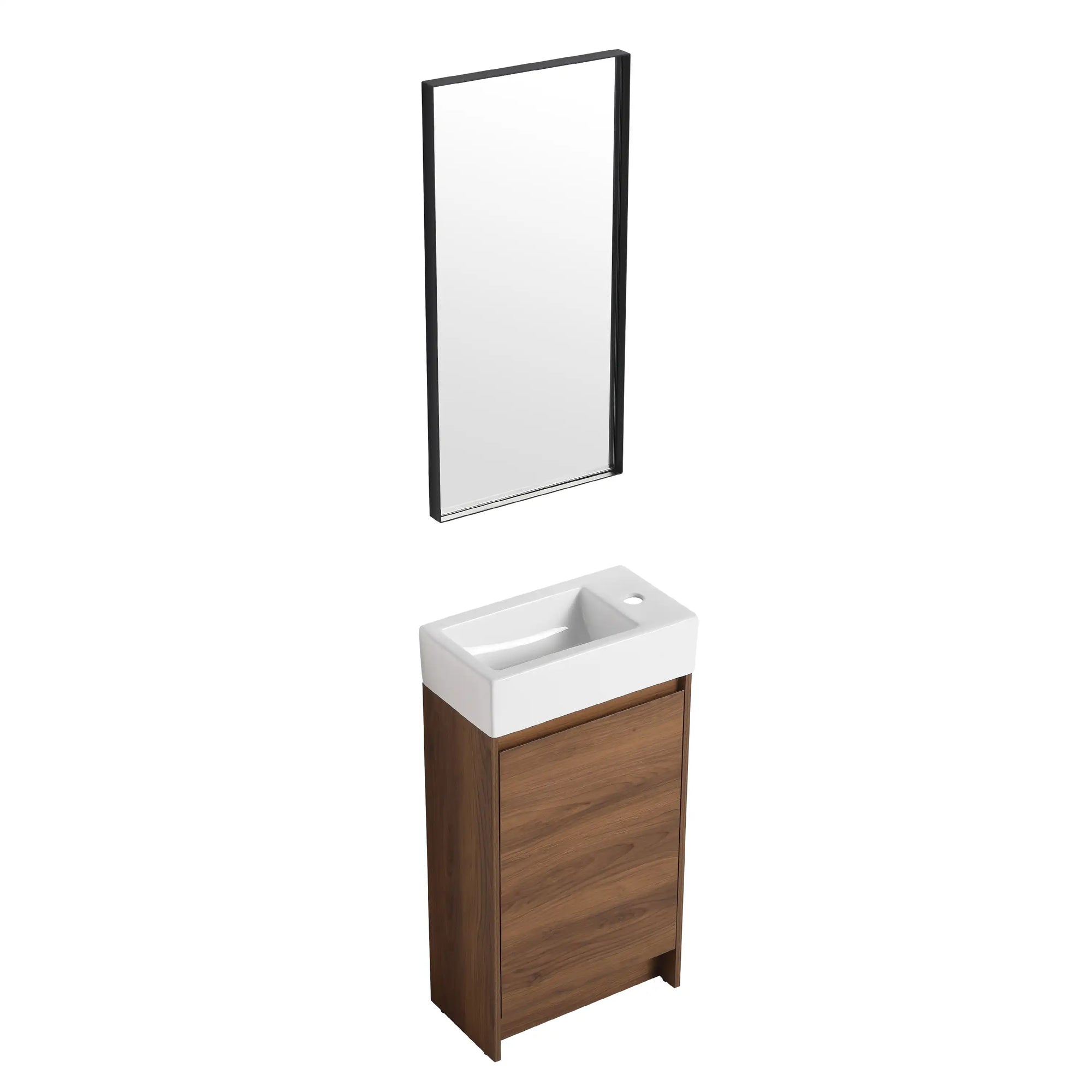 18" small bathroom vanity with sink paired with black framed bathroom mirror | Ace Decor