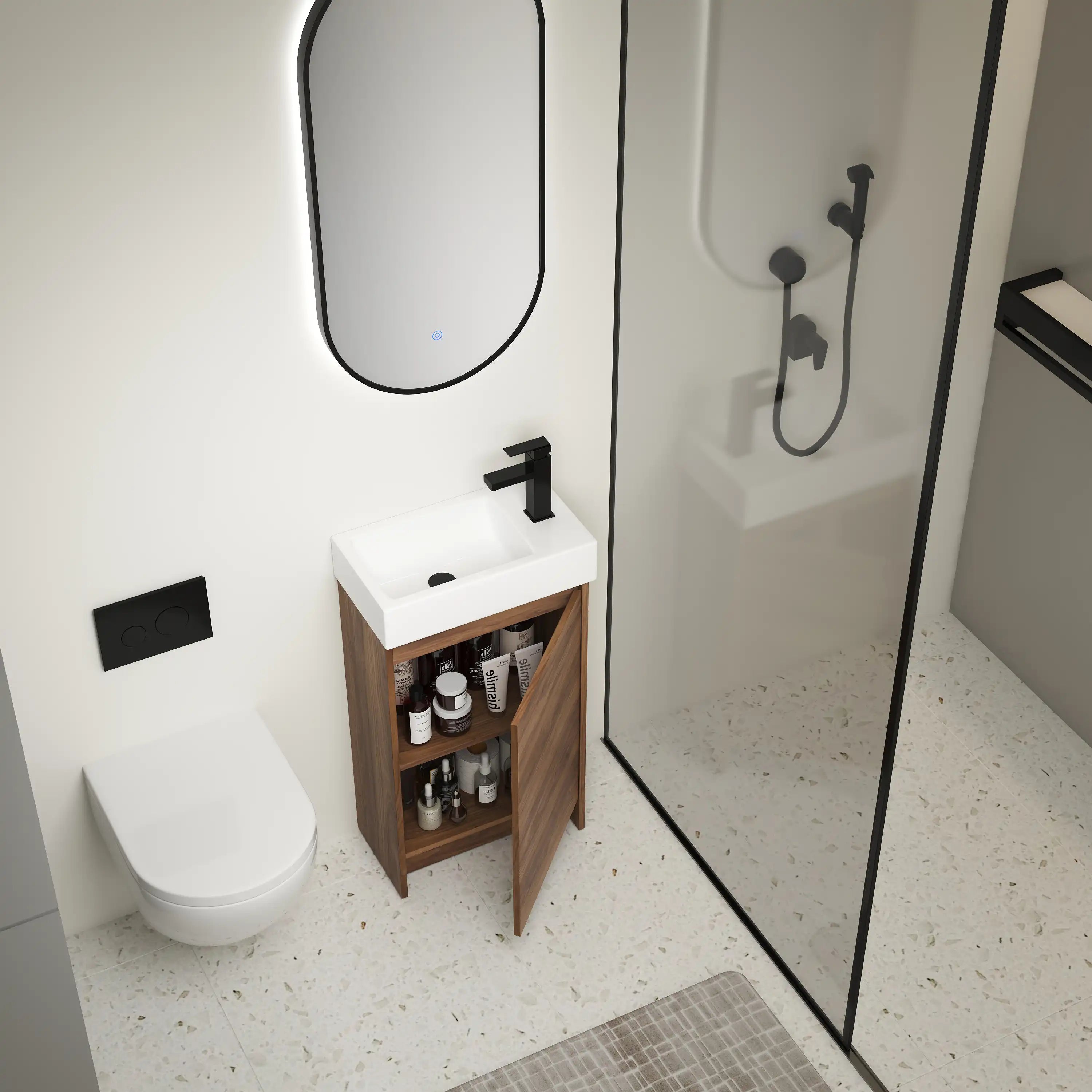 18" bathroom vanity with sink with open storage showing organized toiletries in a hotel style bathroom.