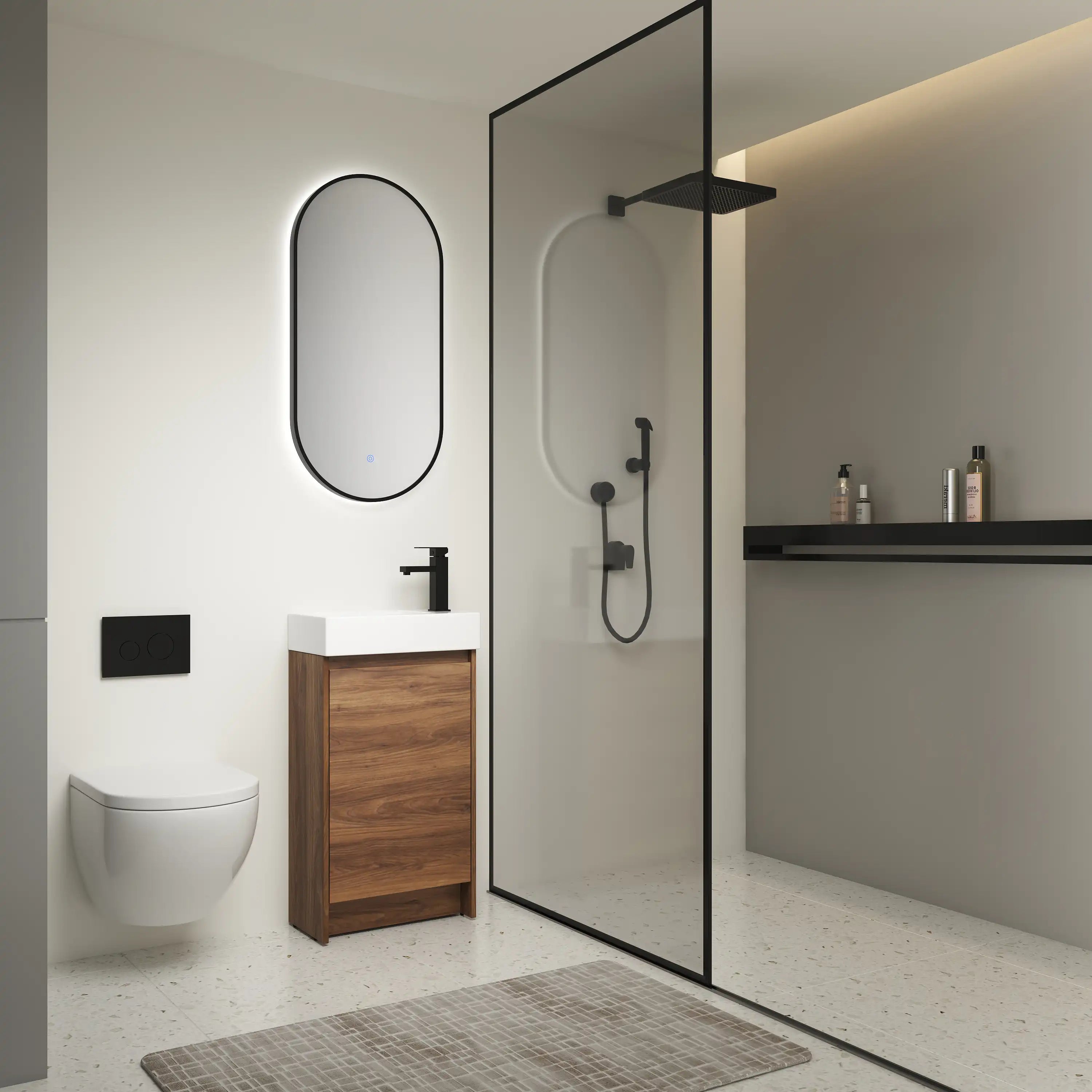 Elmora 18" freestanding bathroom vanity with sink in modern bathroom with shower system and wall mirror.