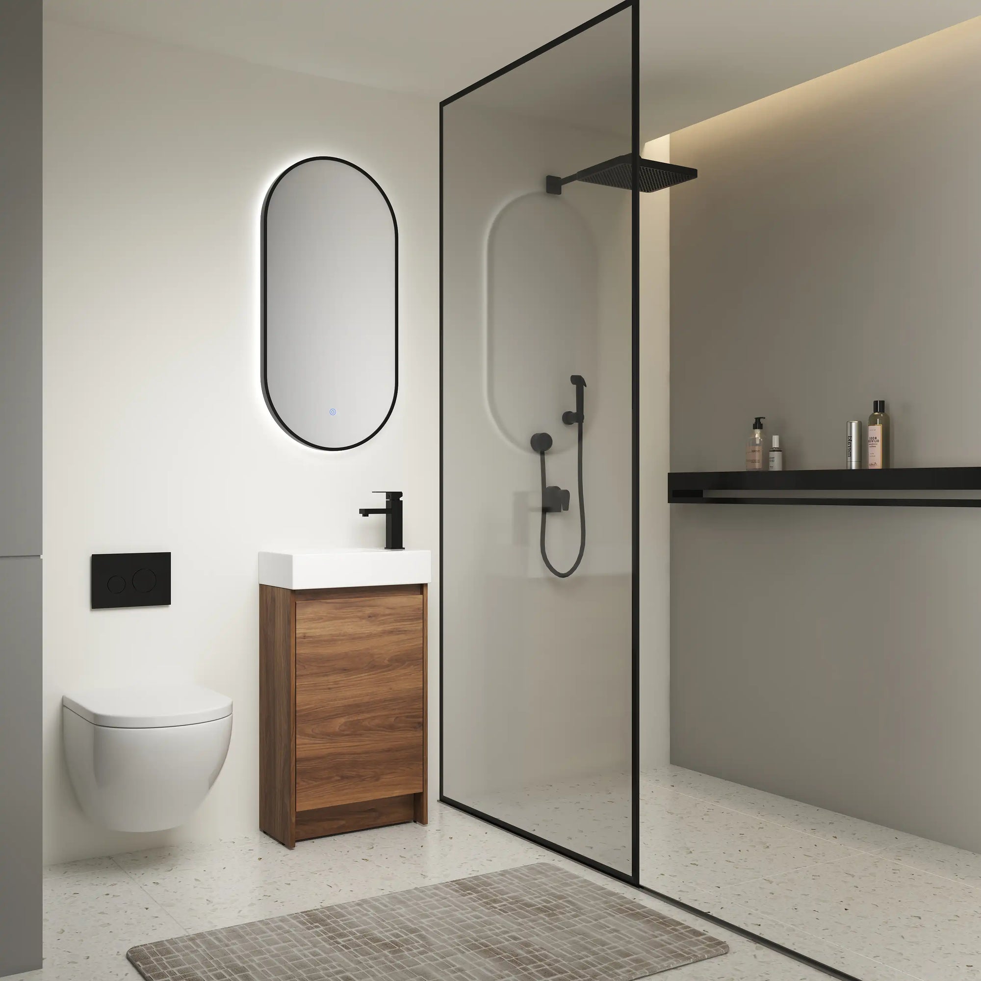 18" small bathroom vanity with sink styled in modern bathroom with shower and wall mirror | Ace Decor