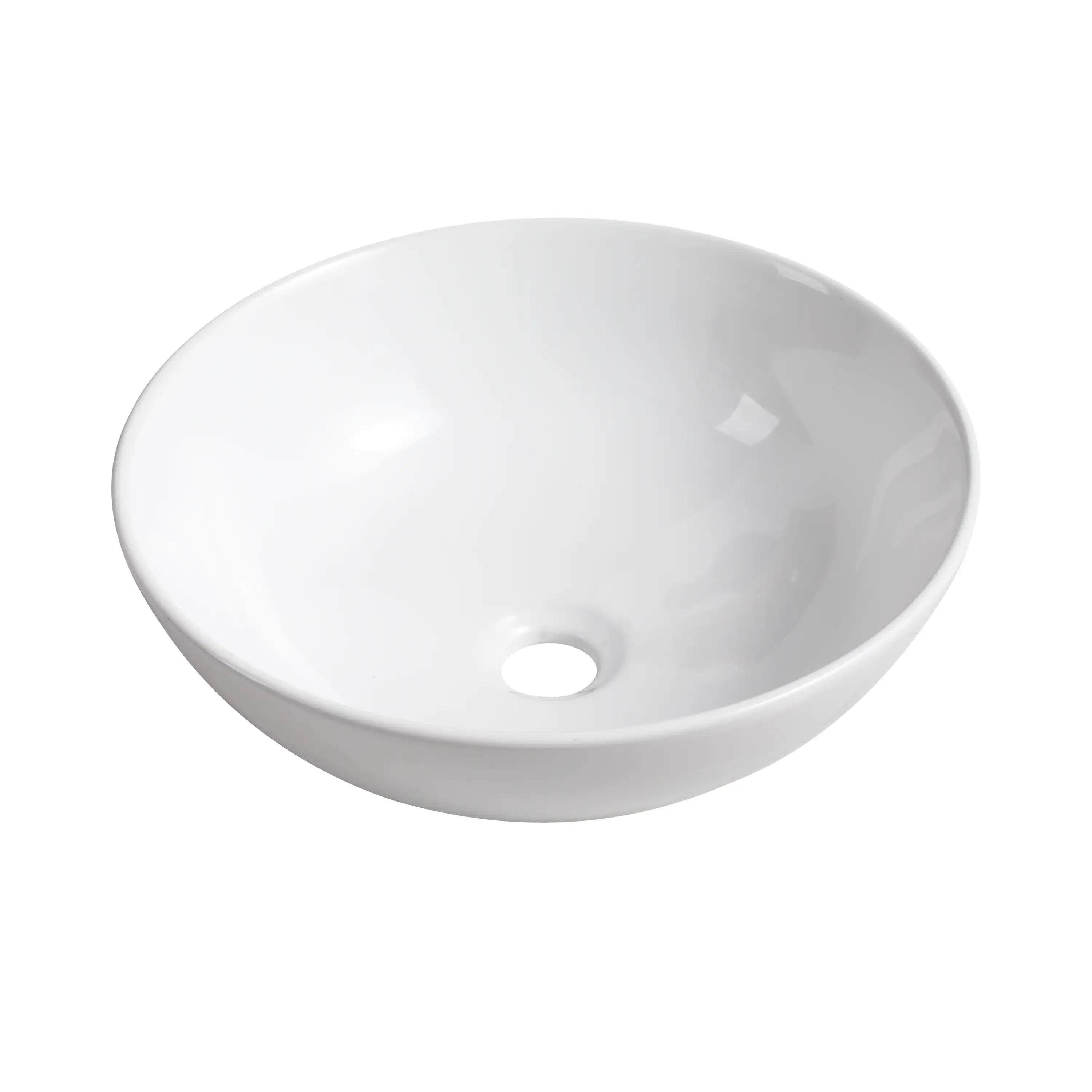 24" vessel sink vanity with round white ceramic basin top view.