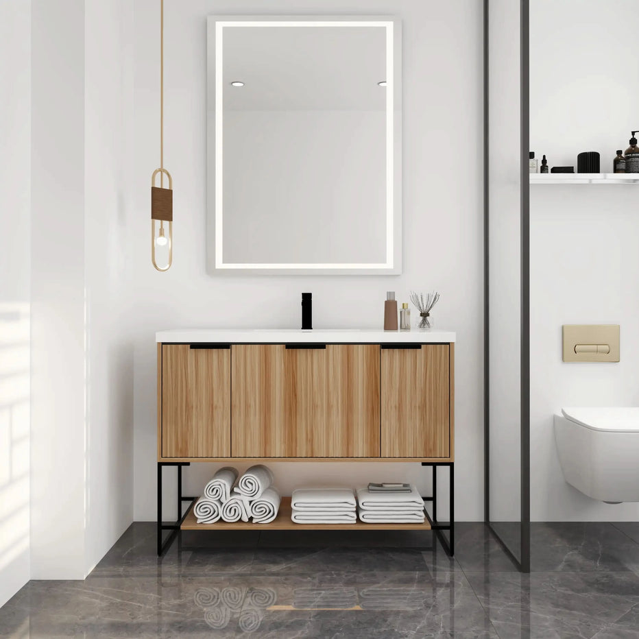 47 Freestanding Single Sink Vanity with Drawers, Soft-Close Storage & Open Shelf