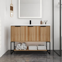 maple bathroom vanity 48 installed in modern bathroom with open shelf storage | Ace Decor