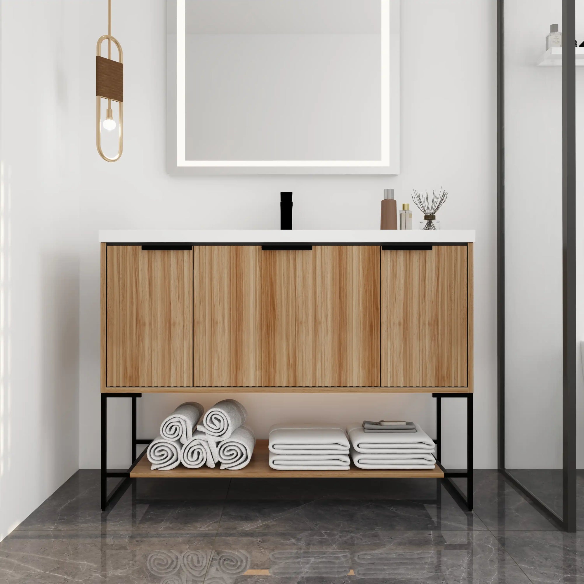 maple bathroom vanity 48 installed in modern bathroom with open shelf storage | Ace Decor
