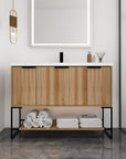 maple bathroom vanity 48 installed in modern bathroom with open shelf storage | Ace Decor