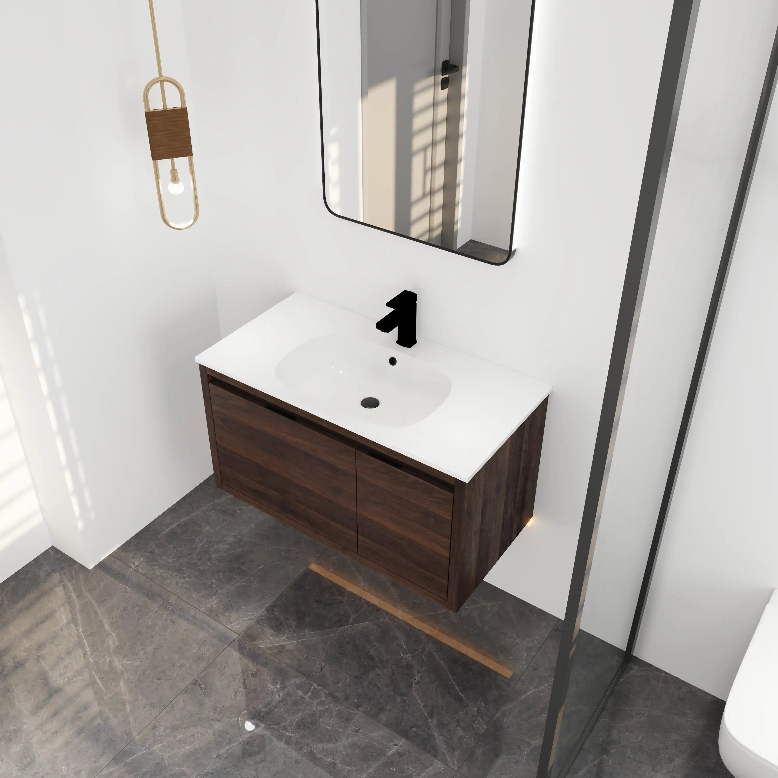 Walden 36 inch wall mounted single sink bathroom vanity top view in contemporary bathroom.